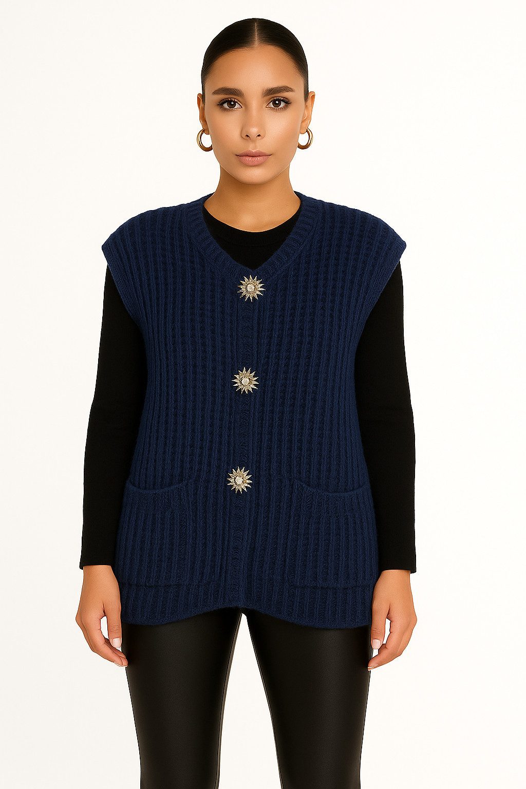 Worldclassca Strickweste WORLDCLASSCA Oversize Strickweste Ärmellos Dick Pullover Weste Knopf Neue Kollektion - Stilvolle und gemütliche Strickmode für Damen