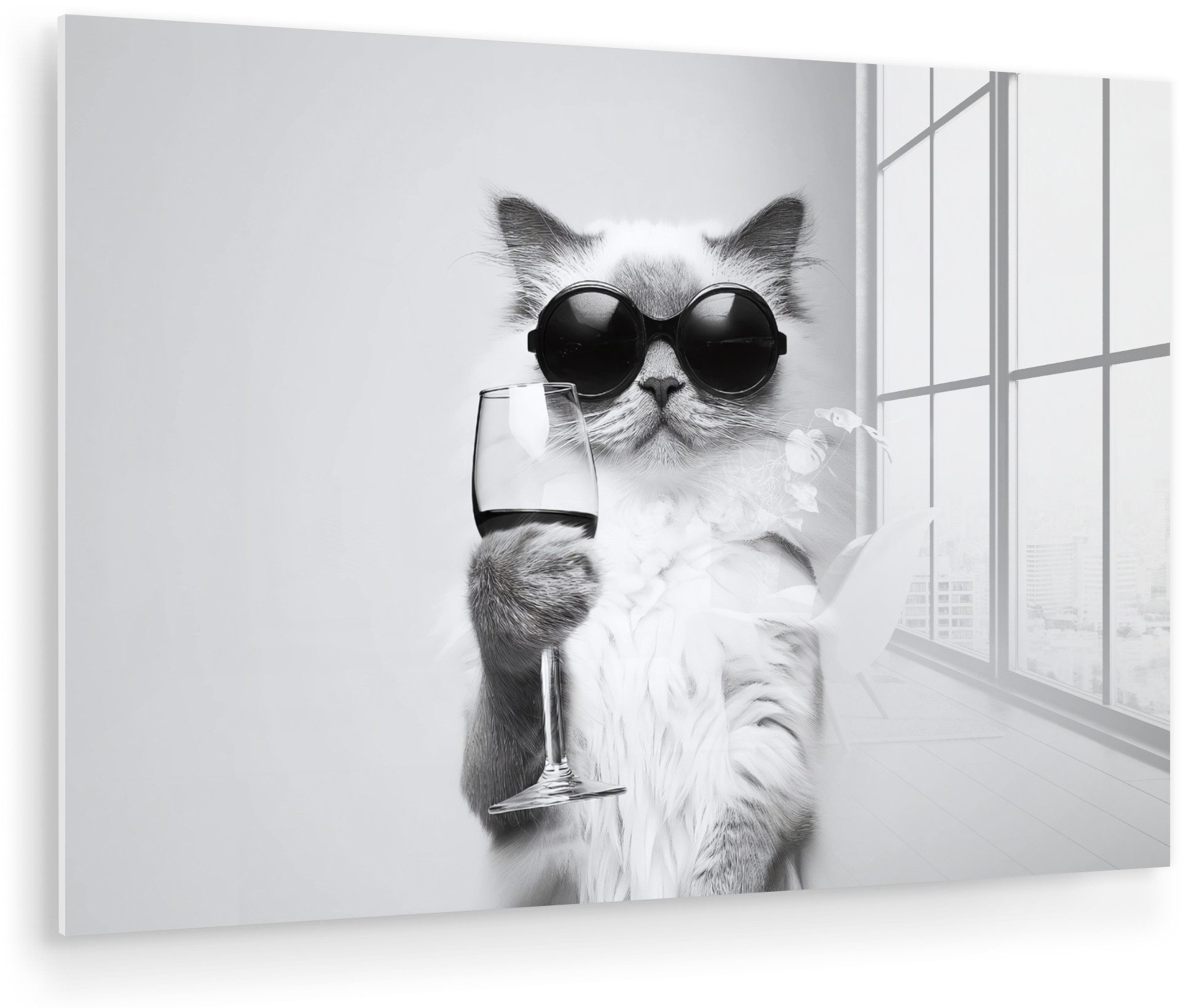 MuchoWow Acrylglasbild Katze - Sonnenbrille - Weinglas - Langhaarig, Inkl. Aufhängung, Glasbilder Wohnzimmer, Schlafzimmer, Flur & Esszimmer, 30x20 cm