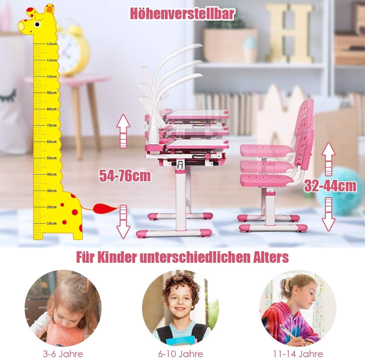 KOMFOTTEU Kinderschreibtisch (Set), höhenverstellbar & Rosa mit Lampe Stuhl