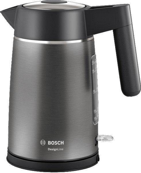 BOSCH Wasserkocher DesignLine TWK5P475, Ausgießen ohne Spritzer, Tassenanzeige, 1,7 l, 2400 W, große Wasserstandsanzeige, Überhitzungsschutz, grau