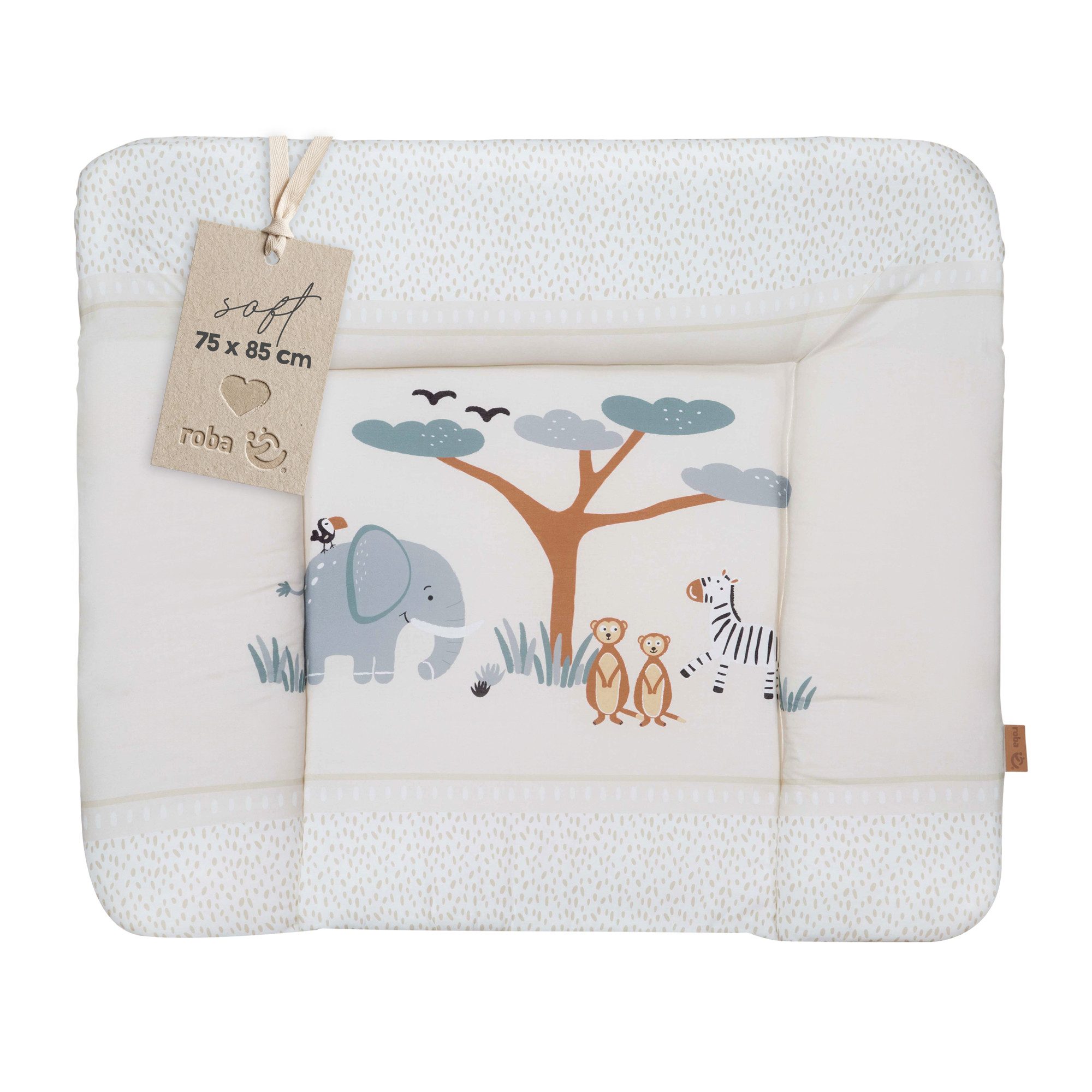 roba® Wickelauflage Savanna Friends 85 x 75 cm - Wickelunterlage für Babys PU-beschichtet, Abwischbar & pflegeleicht - Elefant, Zebra, Erdmännchen & Co. - Beige