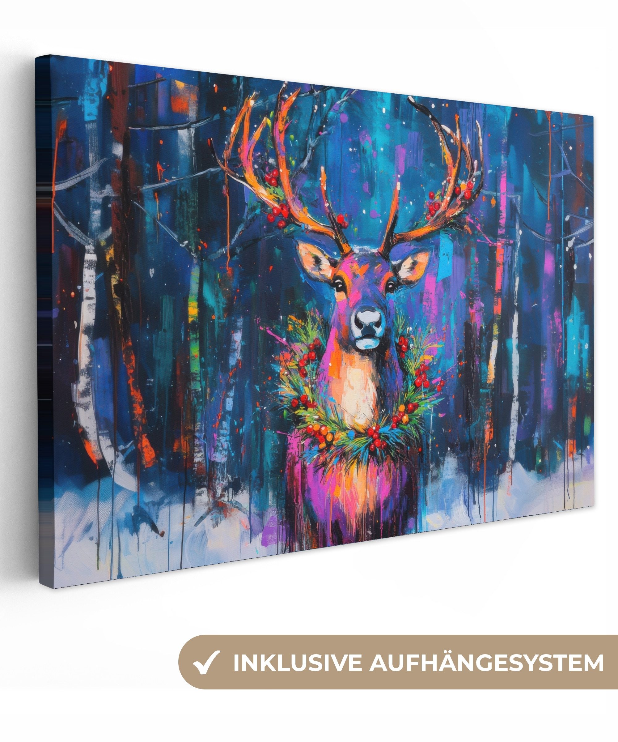 OneMillionCanvasses® Leinwandbild Rentier - Kranz - günstig online kaufen