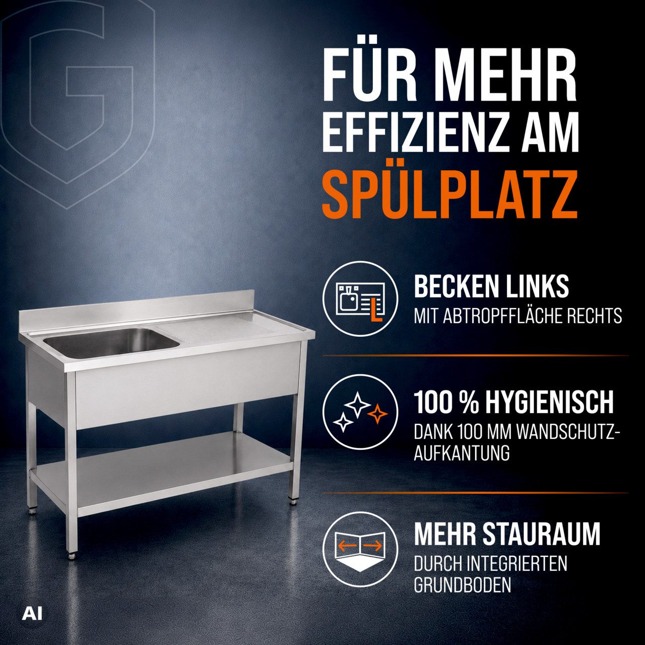 GastroHero Arbeitstisch Spültisch 120x60 cm - Edelstahl mit Becken - Gastro - Spüle, AISI201-Edelstahl, Grundboden, nach Hygienerichtlinien produziert