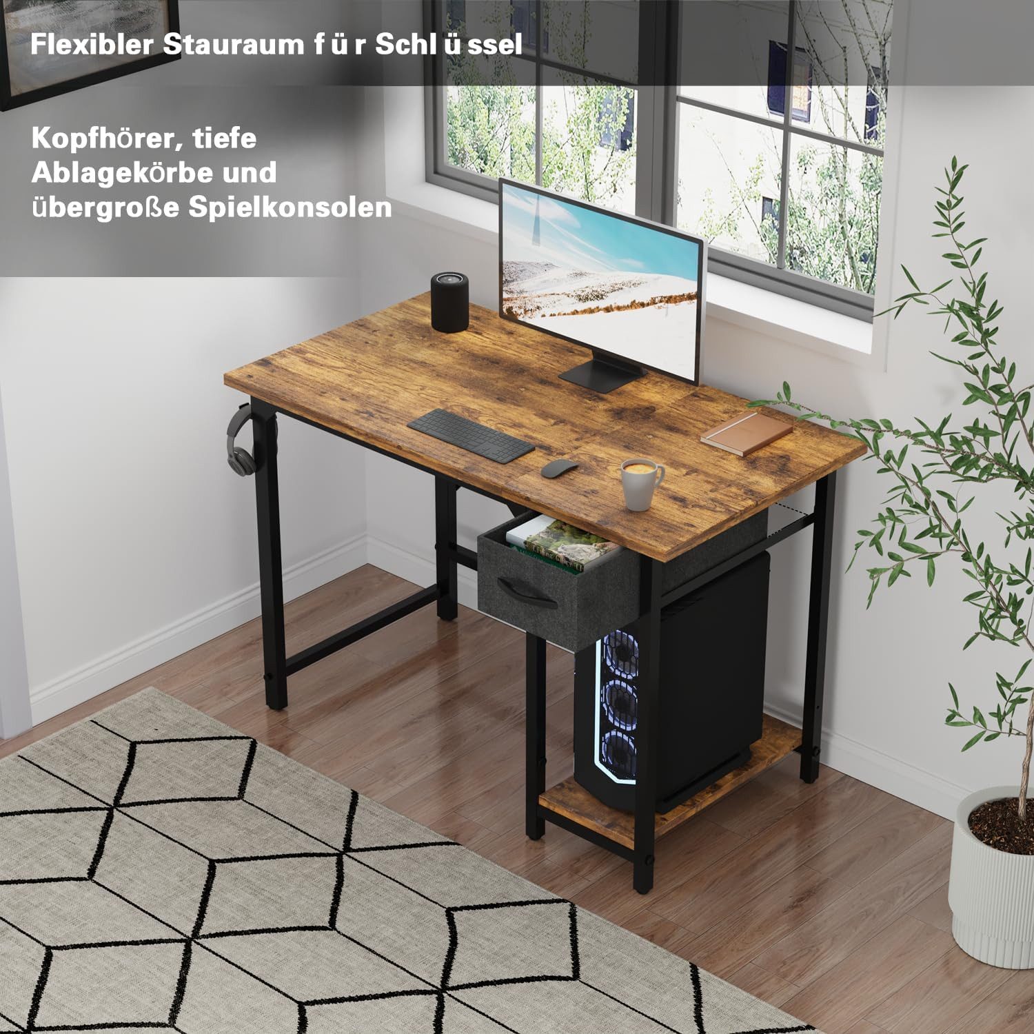 HOMALL Schreibtisch Computertisch mit Schubladen und Kopfhörerhalterung Mini Bürotisch (100 × 50 Zentimeter, Schubladen können entweder links oder rechts angebracht werden, vier verstellbare Füße)