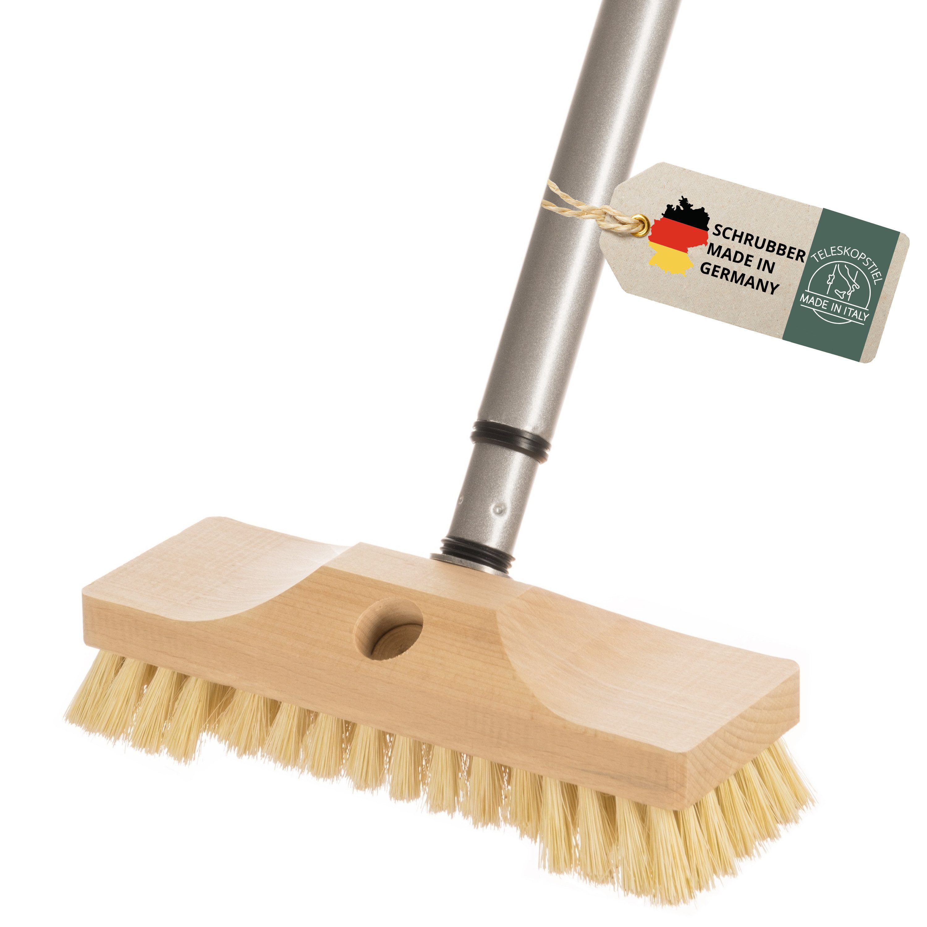Hovedal Reinigungsbürste Schrubber mit Stiel, Teleskopstiel Schrupper aus Holz mit Naturborsten, Bodenbürste für Boden, Fliesen, Balkon, Terrasse, Garten, Außen, Innen