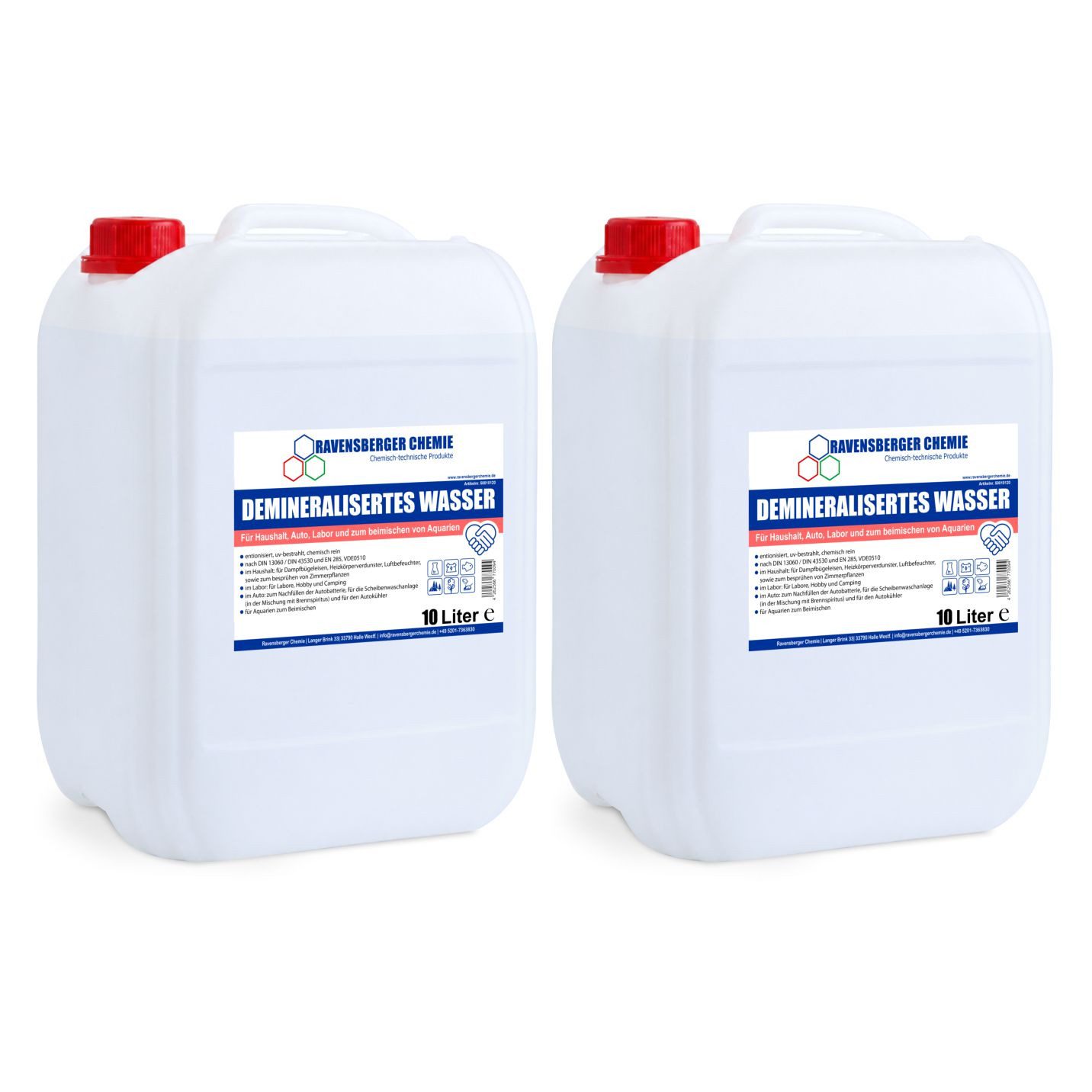 Ravensberger Chemie Bügelwasser VE-Wasser Demineralisiertes Wasser - 10 L, 2x 10 Liter Kanister von Ravensberger Chemie -, kalkfrei für Auto, Batterie, Haushalt, Dampfbügeleisen und Labor
