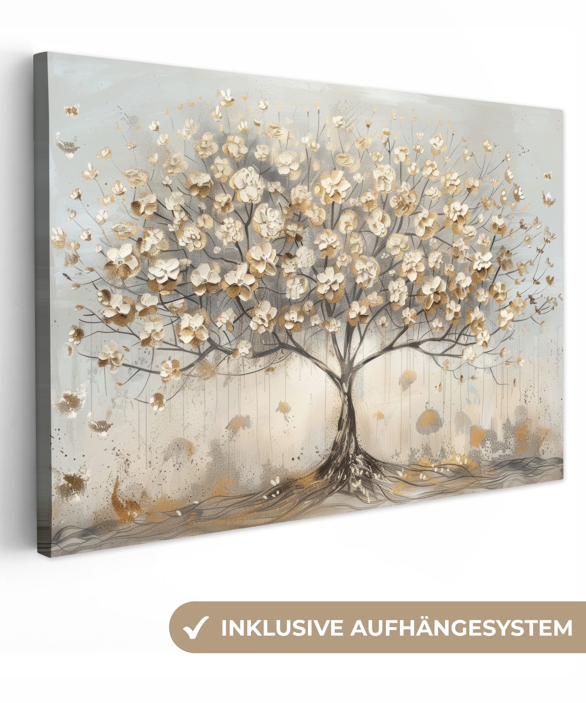OneMillionCanvasses® Leinwandbild Baum - Beige - Gold - Farben Optik - Grau, Fotodruck (1 St), Leinwand Изображения Klein, Wand Dekoration Aesthetic 30x20 cm