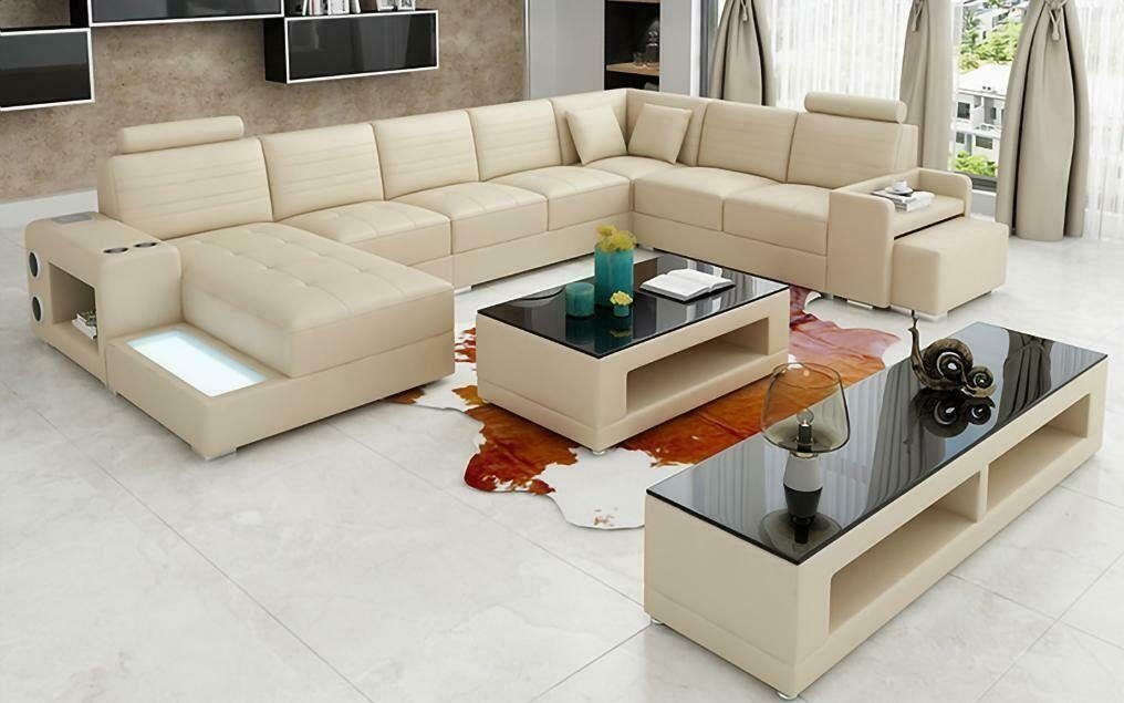 JVmoebel Ecksofa Eck Leder Ecksofa U-Form Sofa Couch Design Polster Textil, Made in Europe Beige