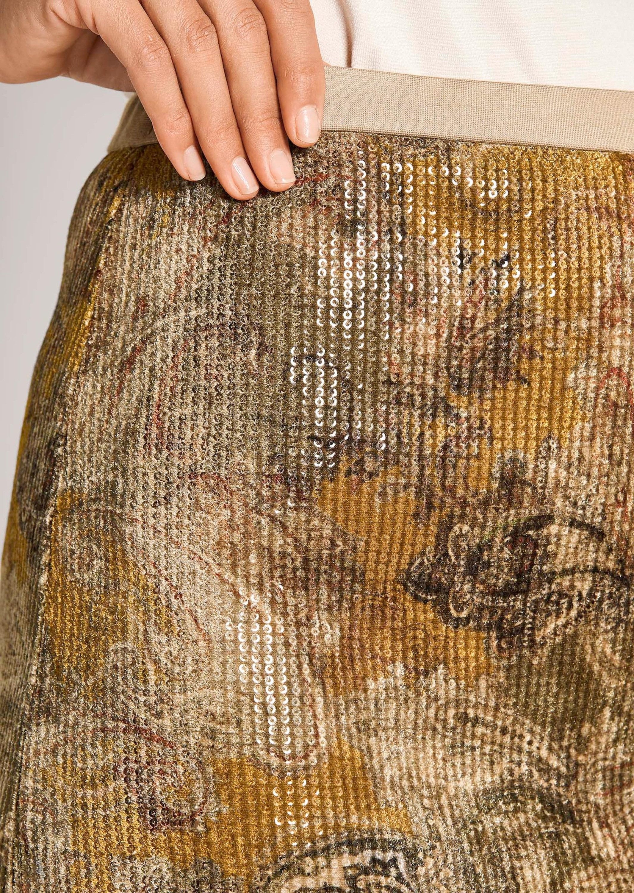 MADELEINE Midirock Eleganter Rock mit Paisley-Design Glitzernde Pailletten, elastischer Jersey-Bund, knieumspielende Länge