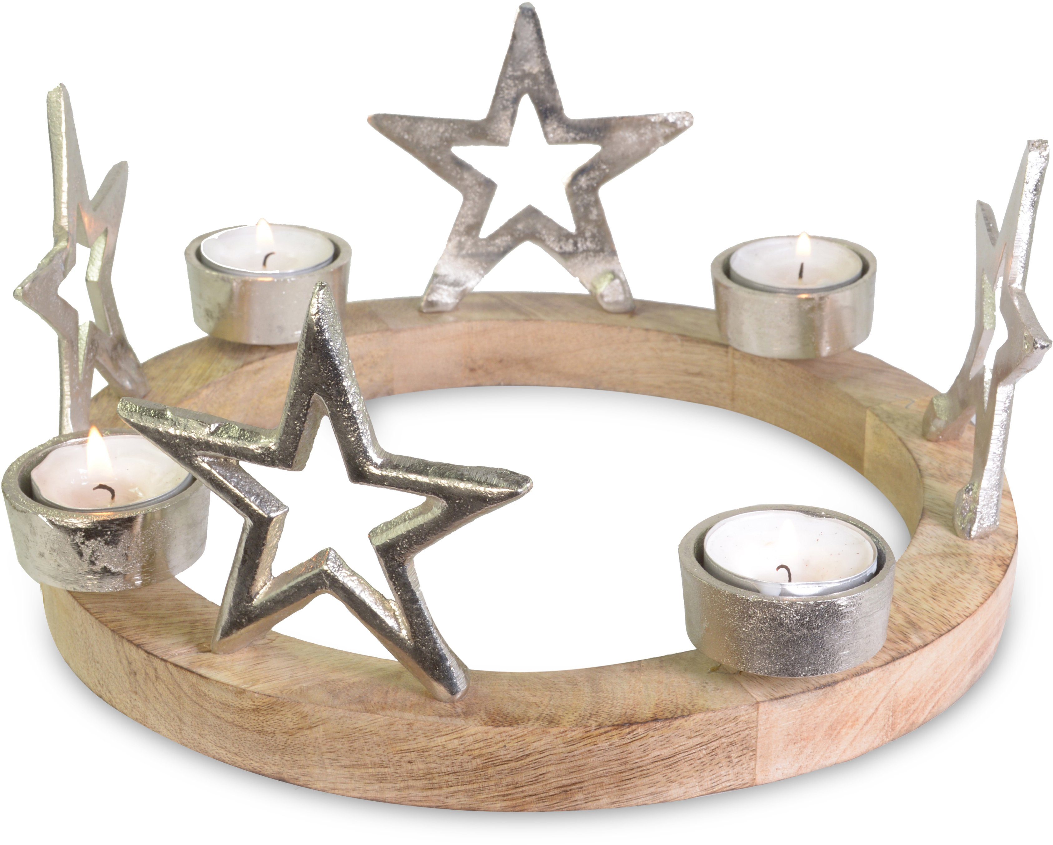 RIFFELMACHER & WEINBERGER Adventskranz Kerzenhalter mit Sternen für  Teelichter Ø 25 cm 75219, Silber - Holz