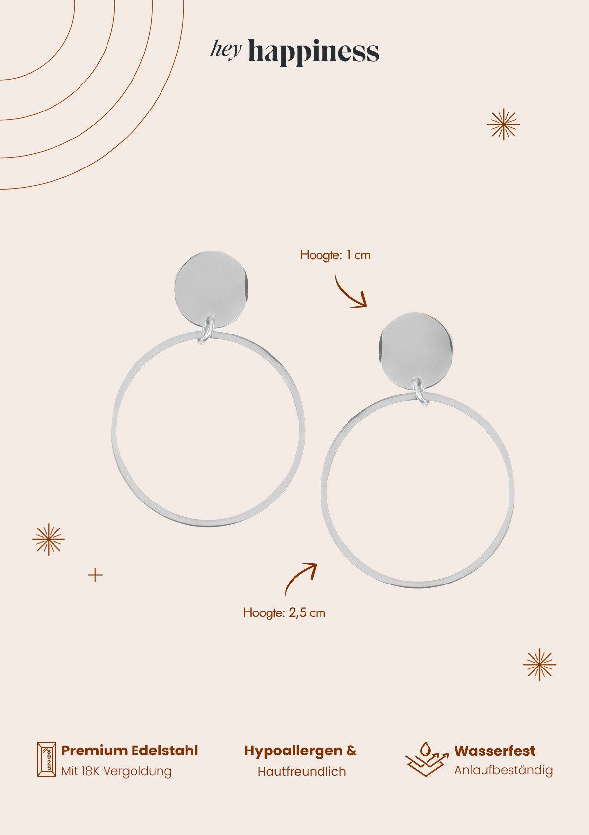 Hey Happiness Paar Ohrhänger Kreis, 18K Vergoldete Damen Ohrringe, Hängende Edelstahl Creolen mit Geo Charm, wasserfest