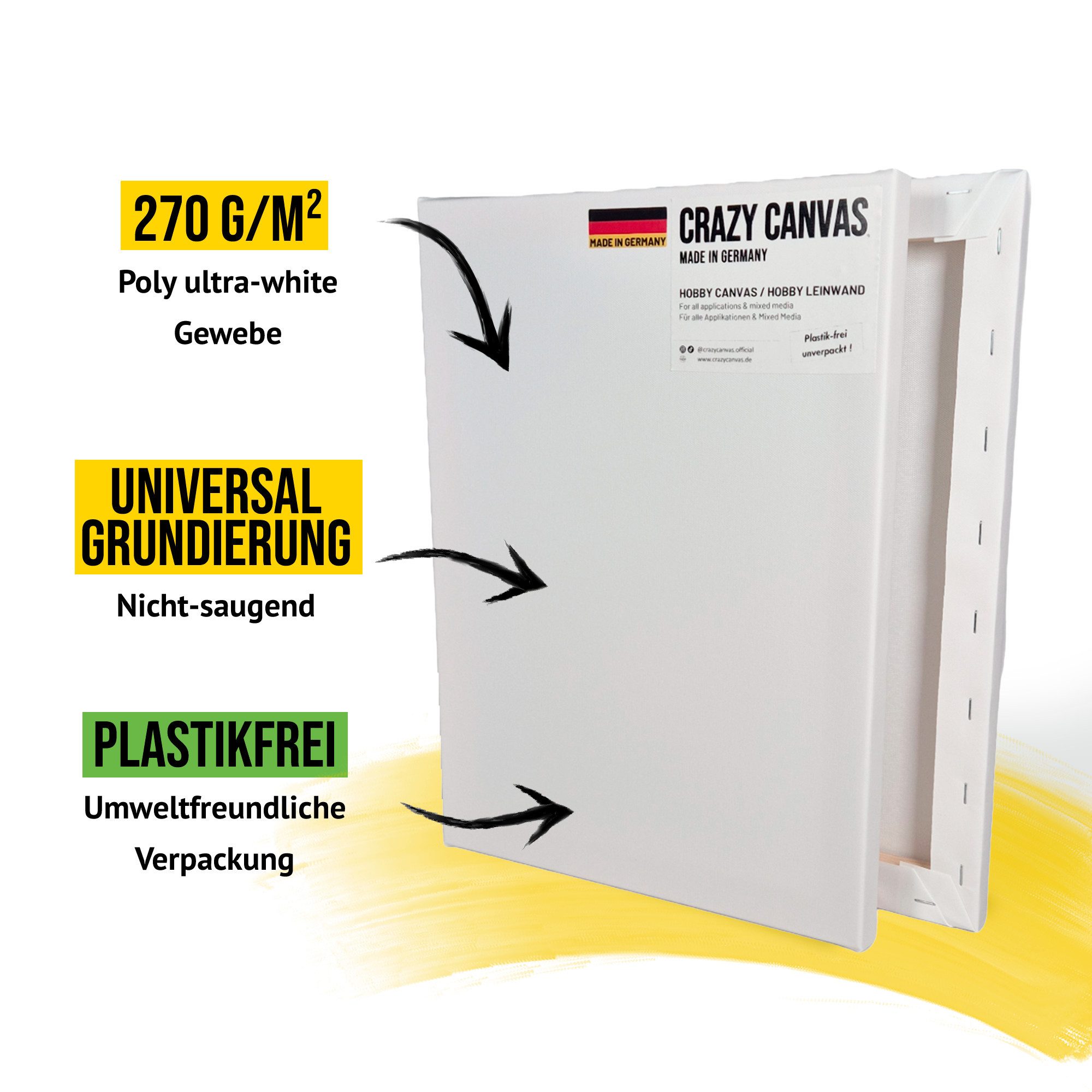 Crazy Canvas Leinwand HOBBY 20x30 cm 2er Pack, Keilrahmen, feine Struktur, versandfrei, 270 g/m², universal grundiert, Made in Berlin
