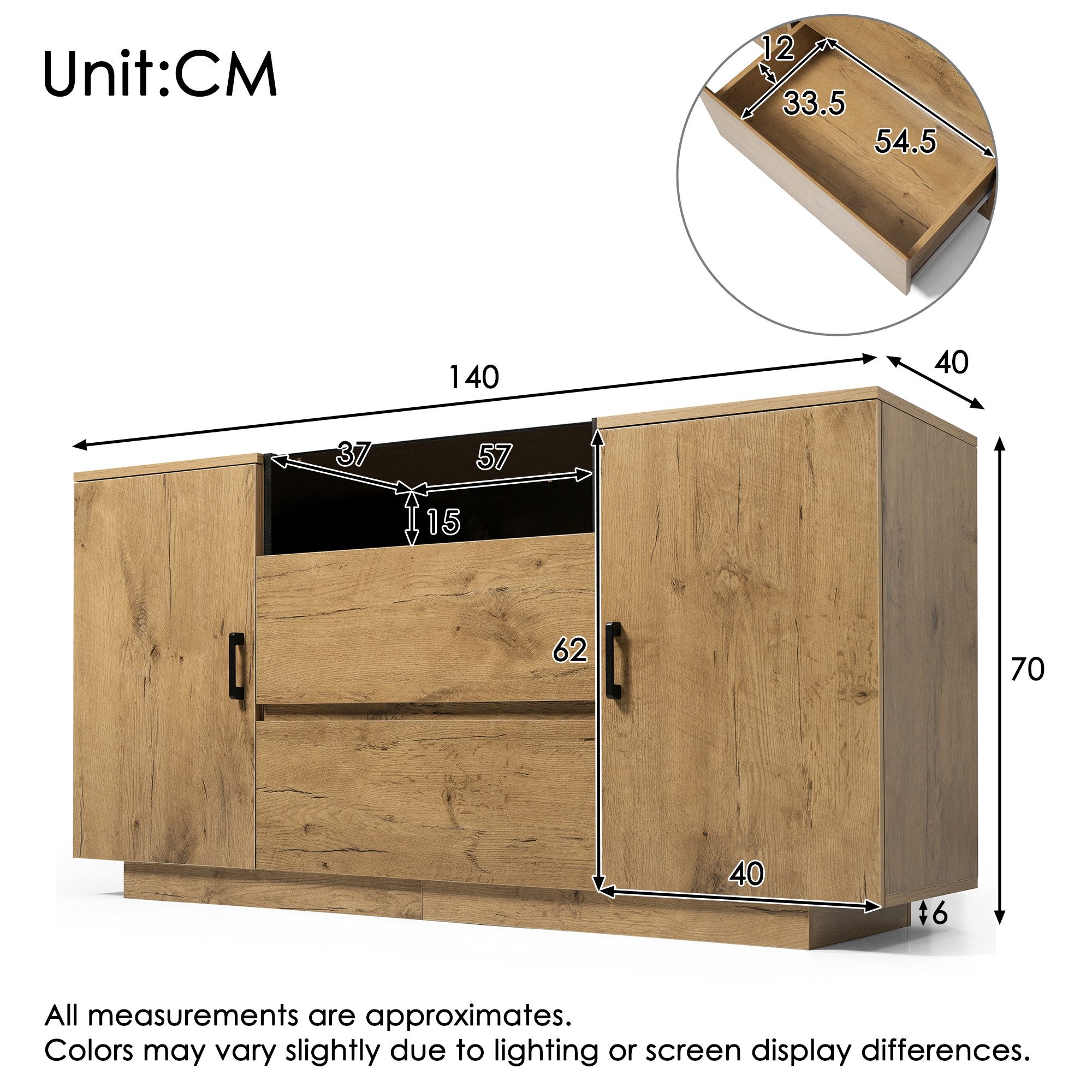 Flieks Kommode Mehrzweckschrank mit Schubladen und verstellbaren Einlegeböden (H70/B140/T40 cm, 1 St), Sideboard mit Glas-Arbeitsplatte Eichenoptik Holzschrank  – Bild 5 von 5