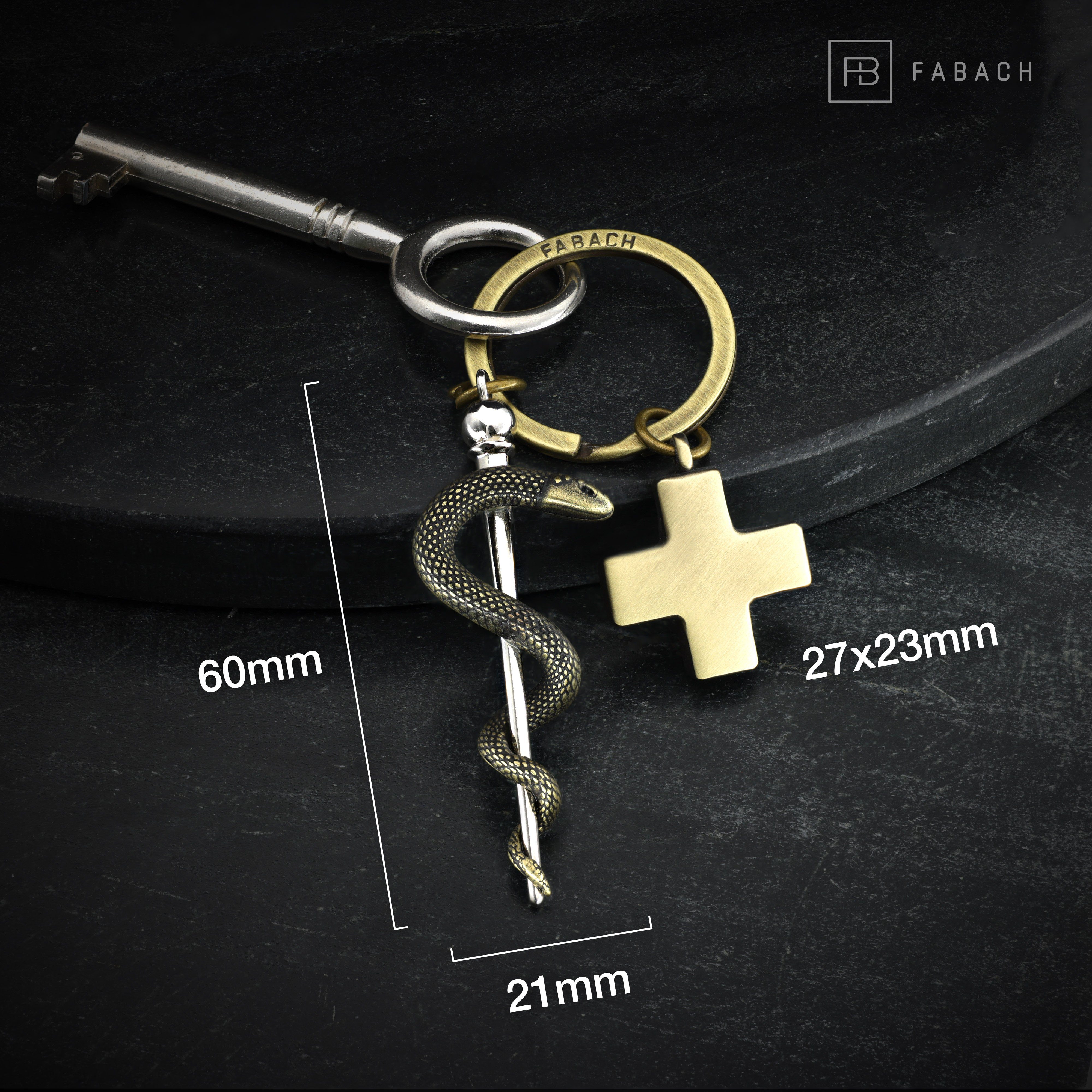 Kreuz mit Bronze Schlüsselanhänger FABACH medizinischem Asklepios Antique Äskulapstab Schlüsselanhänger