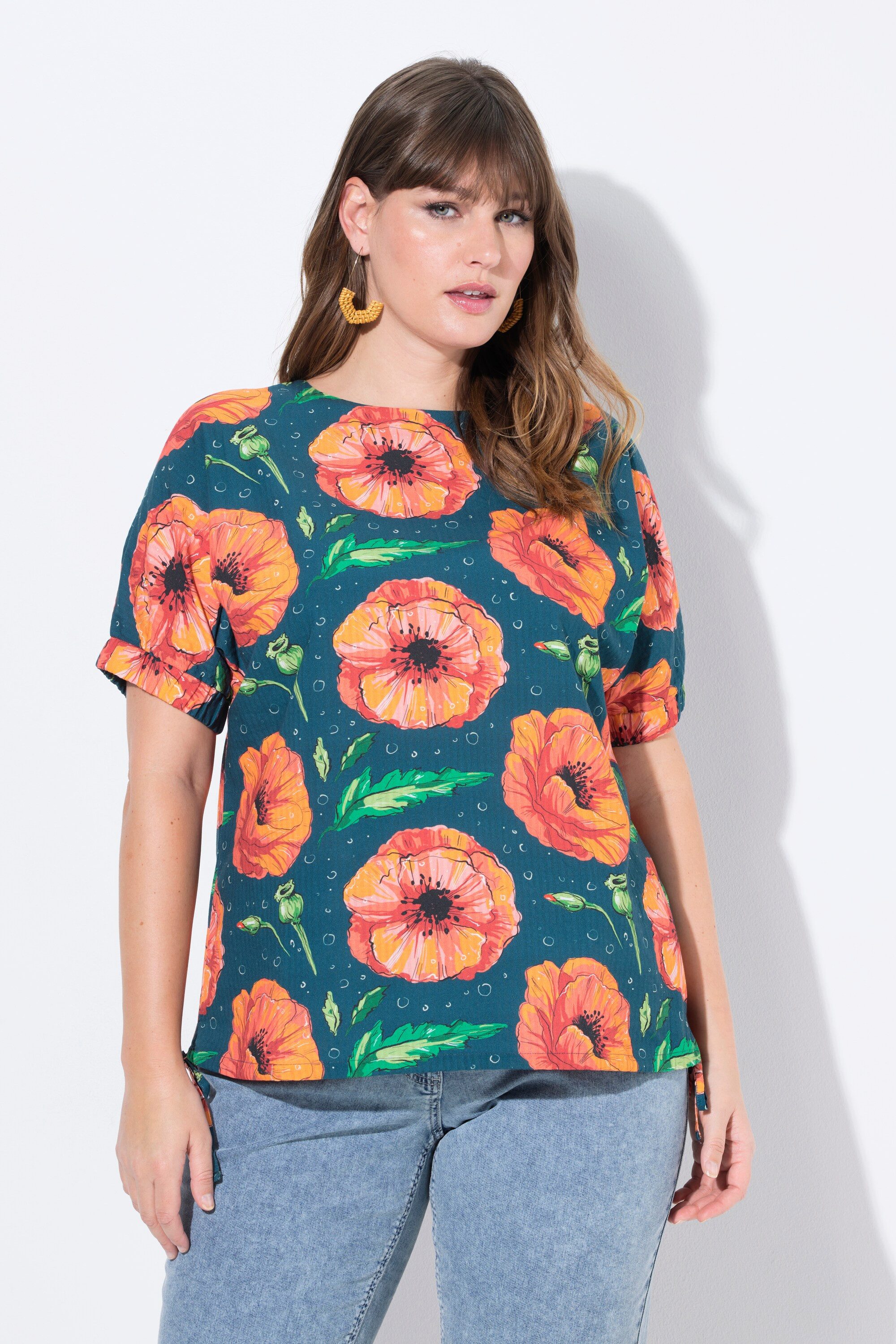 Ulla Popken Spitzenbluse Блузкиtop Mohn Rundhals Halbarm Biobaumwolle