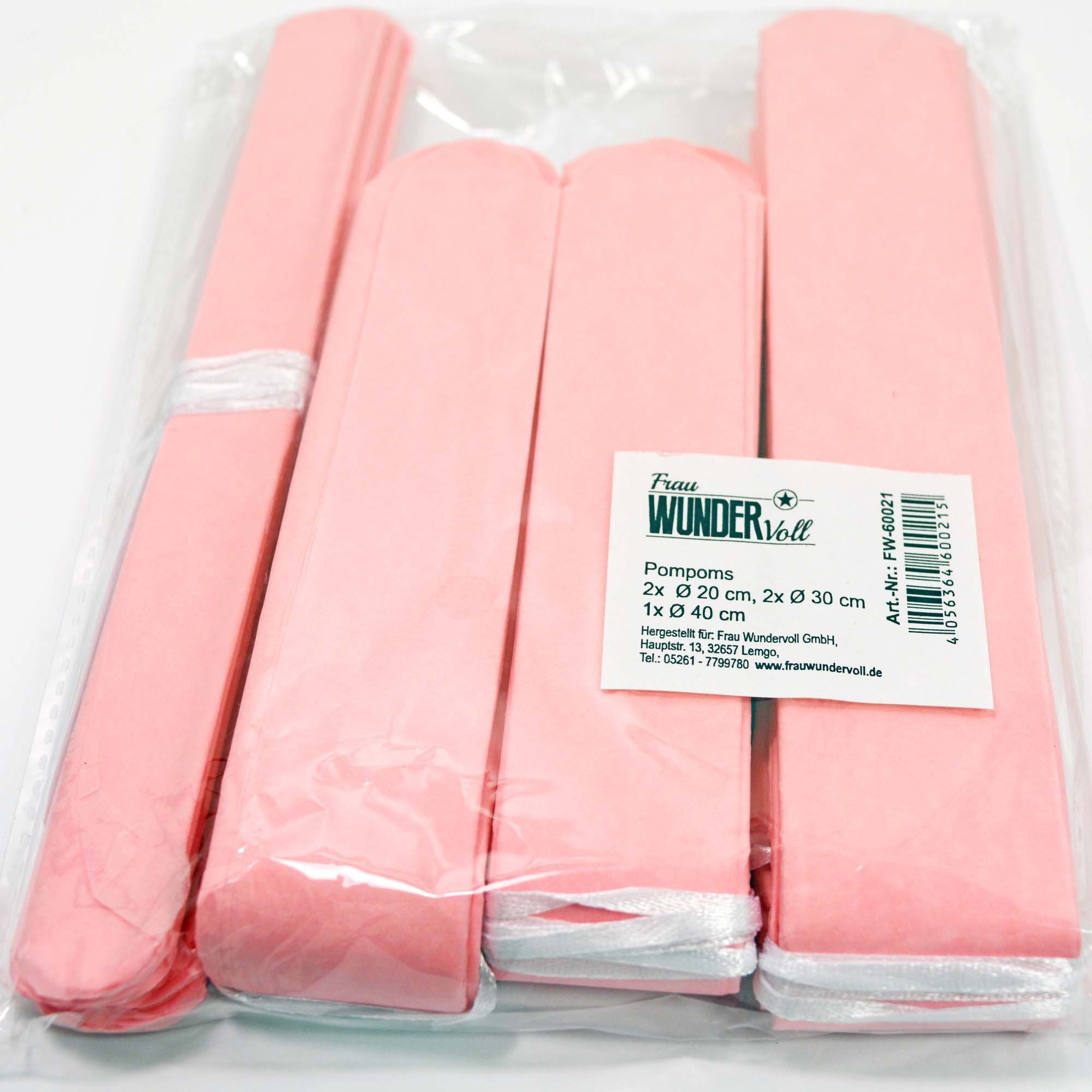 Frau WUNDERVoll Papierdekoration 5er Set Pompoms - rosa - 2x Ø20, 2x Ø30, 1x Ø40 cm Deko Hochzeit Party