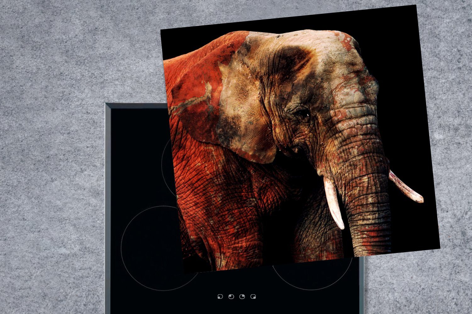 78x78 Zähne, Herdblende-/Abdeckplatte Elefant cm, Ceranfeldabdeckung, - tlg), für (1 küche Vinyl, Rot MuchoWow - Arbeitsplatte