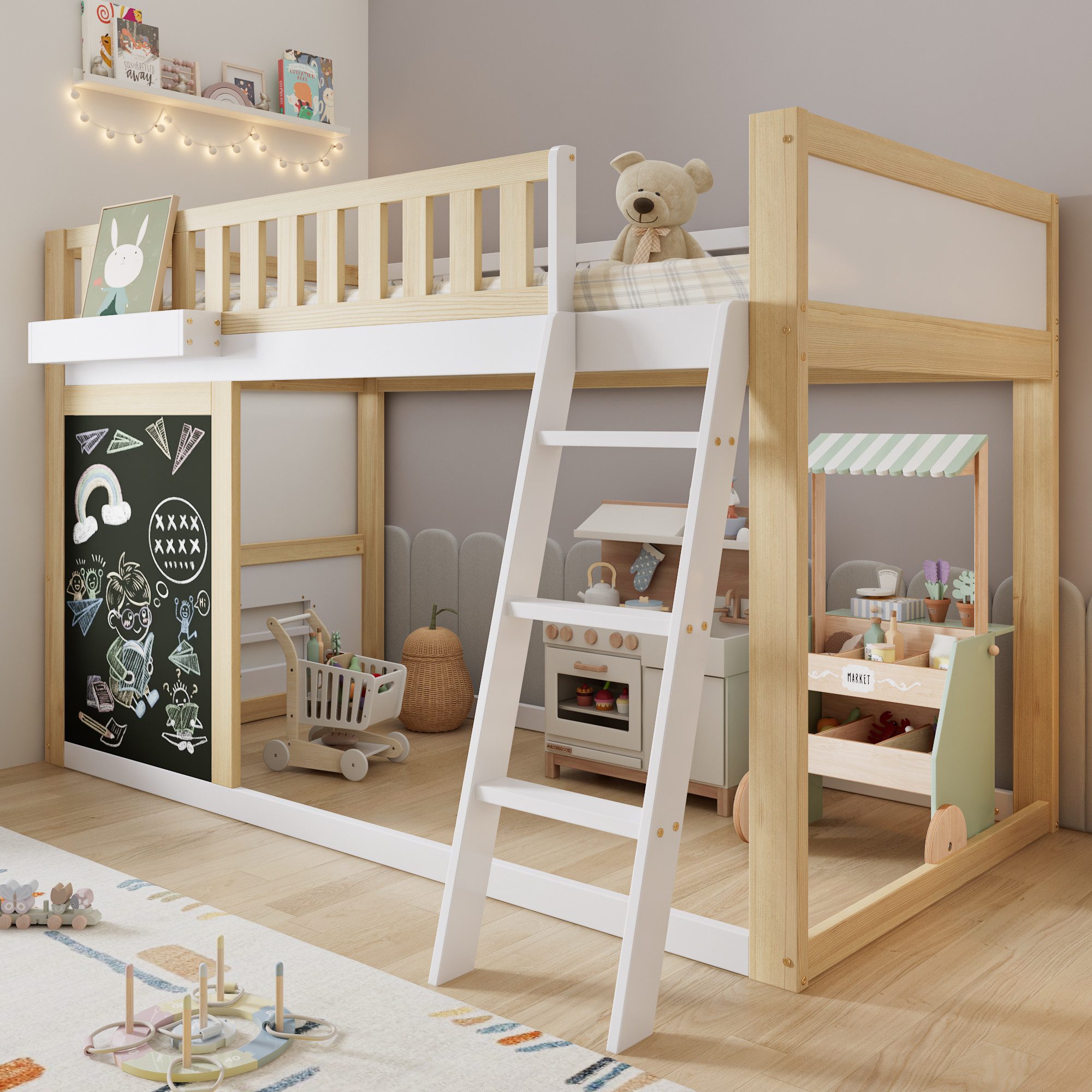 Odikalo Hochbett 90x200 Kinderbett Jugendbett Etagenbett mit Tafel (Mit einer kleinen Tafel zum Bemalen, Mit Aufbewahrungsbox, Sicherheitsgeländer, Individuell anpassbarer Stauraum unter dem Bett, Kiefer + MDF, Weiß+Natur, 90x200cm)