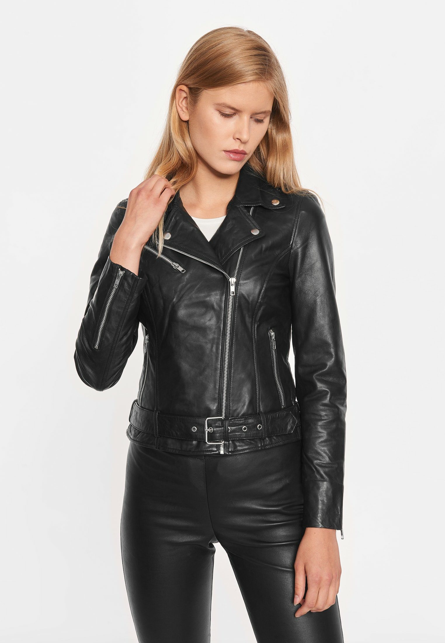 NOTYZ Bikerjacke Biker Silbener Modell, Reissverschluss, und Druckknöpfe Kragen Ida Revers für