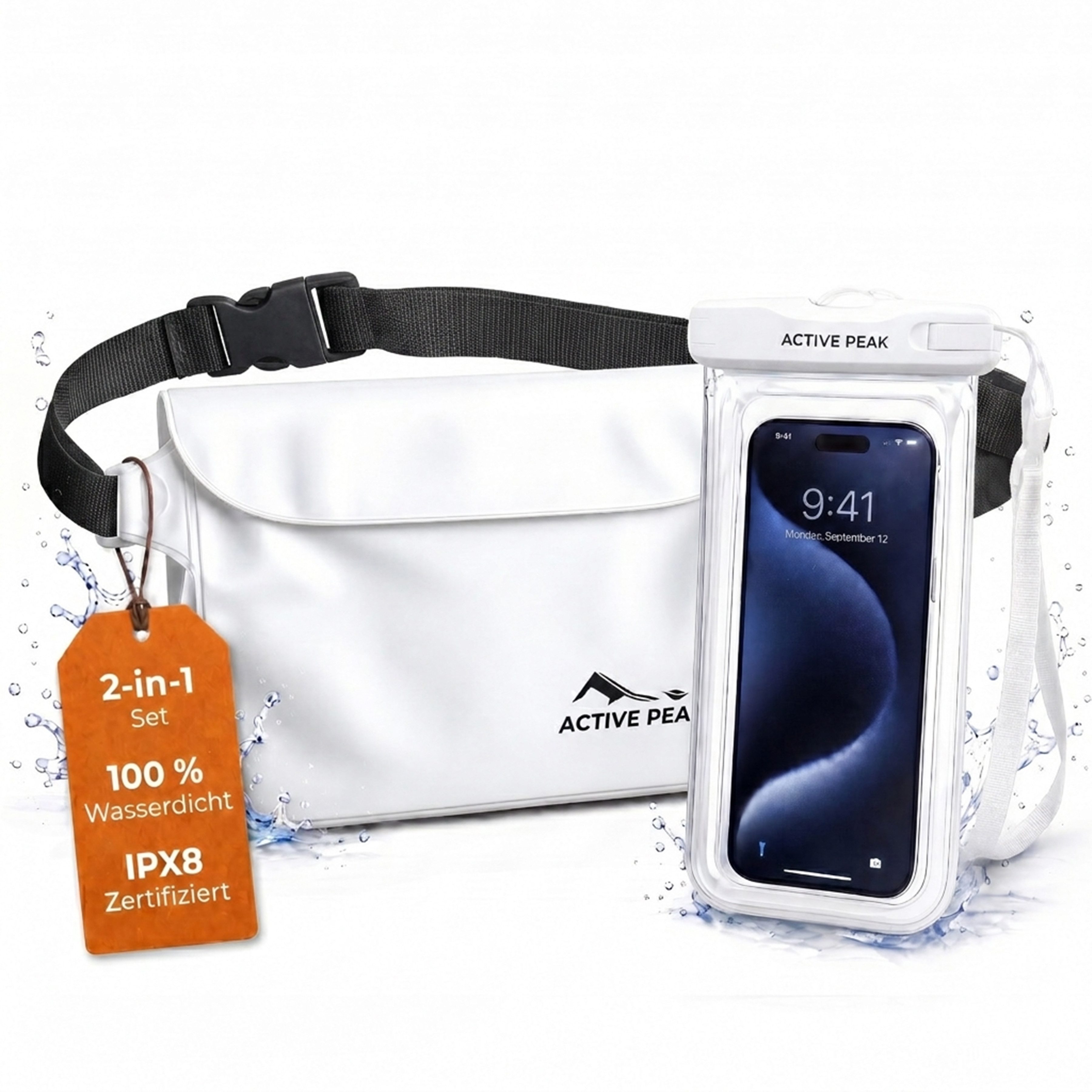 Active Peak Drybag Wasserdichte Tasche, Bauchtasche & Wasserdichte Handyhülle (2-tlg), Waterproof Bag für Kajak, Strand, Urlaub uvm.