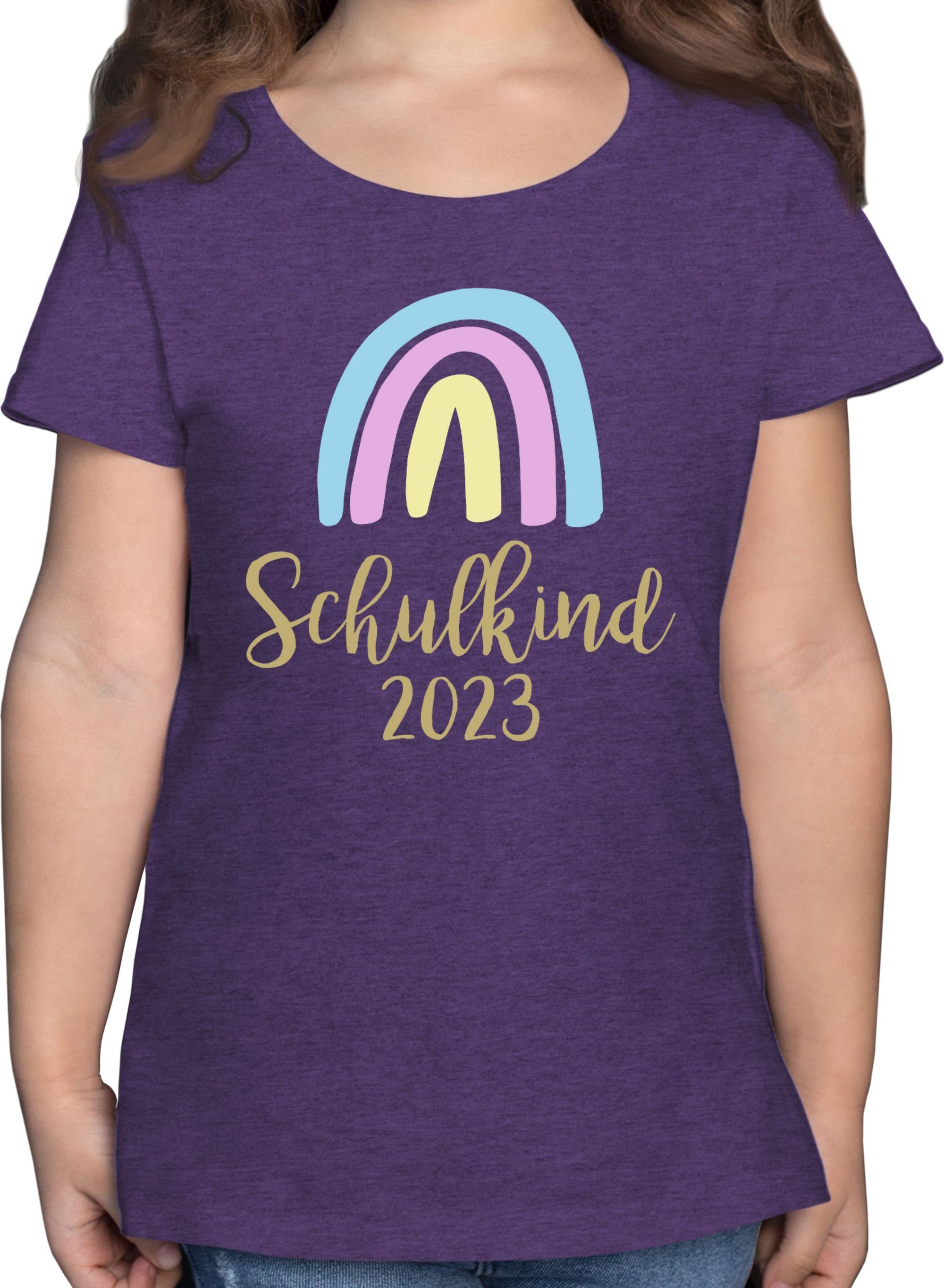 Shirtracer T-Shirt Schulkind 2023 Regenbogen Pastell / Gold Einschulung Mädchen 2 Lila Meliert