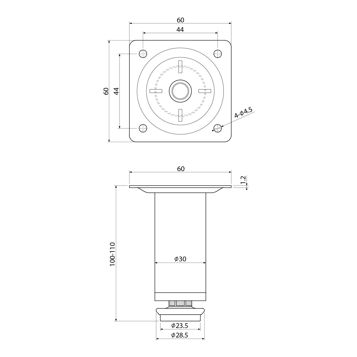 Aqualine Möbelfuß KERAMIA FRESH Höhenverstellbarer Schenkel 100-110mm, Chrom, Aqualine-10077