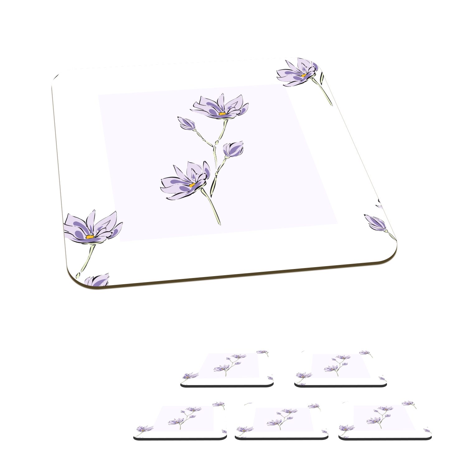 MuchoWow Glasuntersetzer Blumen - Lila - Muster, Zubehör für Gläser, 6-tlg., Glasuntersetzer, Tischuntersetzer, Korkuntersetzer, Untersetzer, Tasse