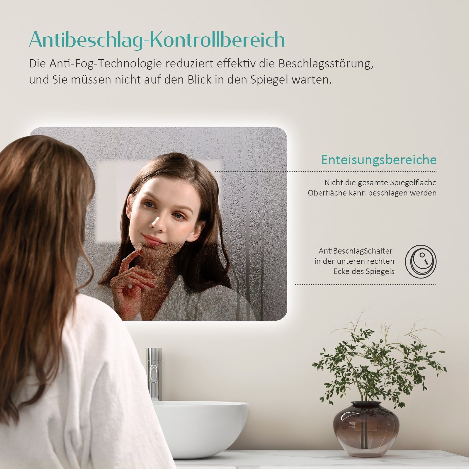 EMKE LED-Lichtspiegel Wandspiegel mit Beleuchtung LED Badspiegel Klein mit Beschlagfrei, 2 Lichtfarbe Warmweiß/Kaltweiß, Knopfschalter, IP44