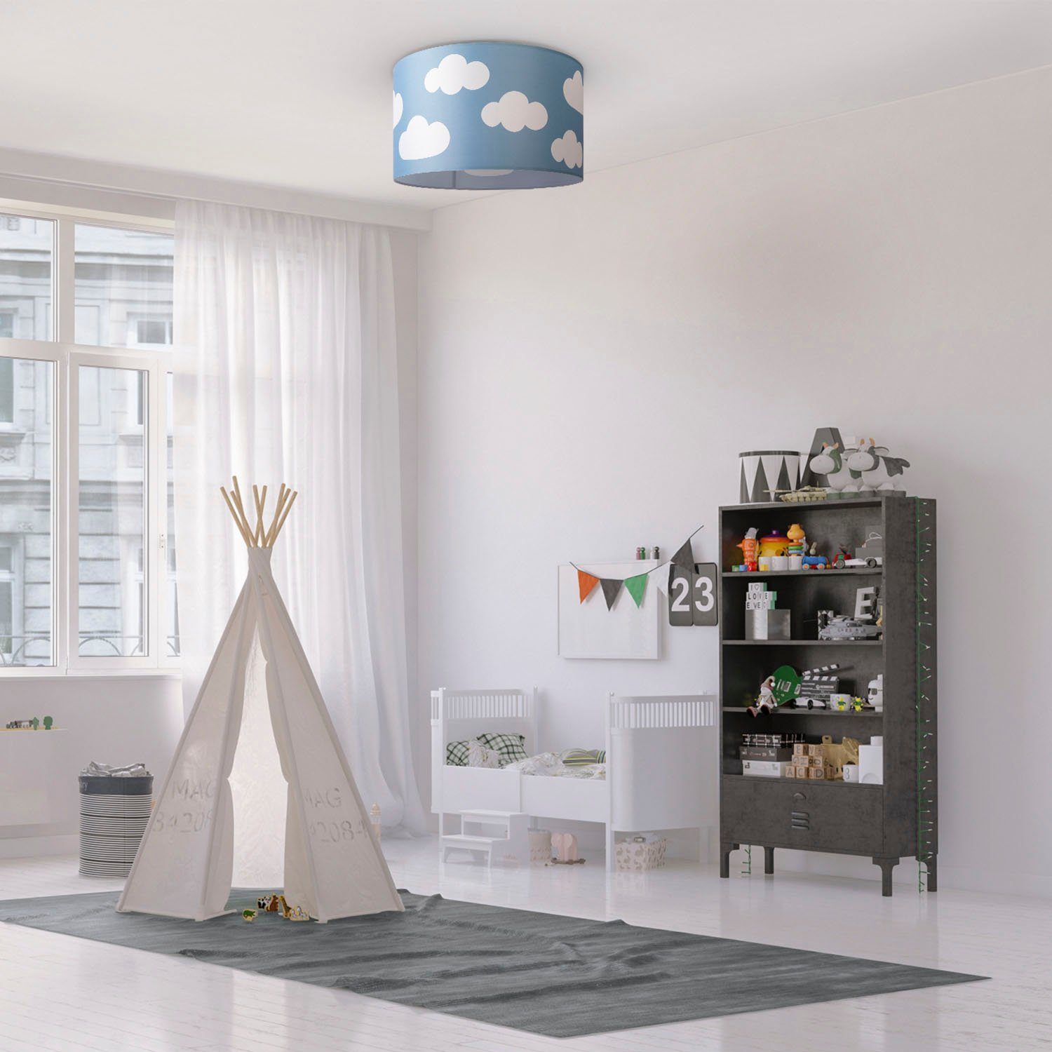 Paco Home Deckenleuchte Deckenleuchte Stoffschirm Kinderzimmer Leuchtmittel, Rund Wolke ohne Cosmo, Lampe E27 Kinder Hugo