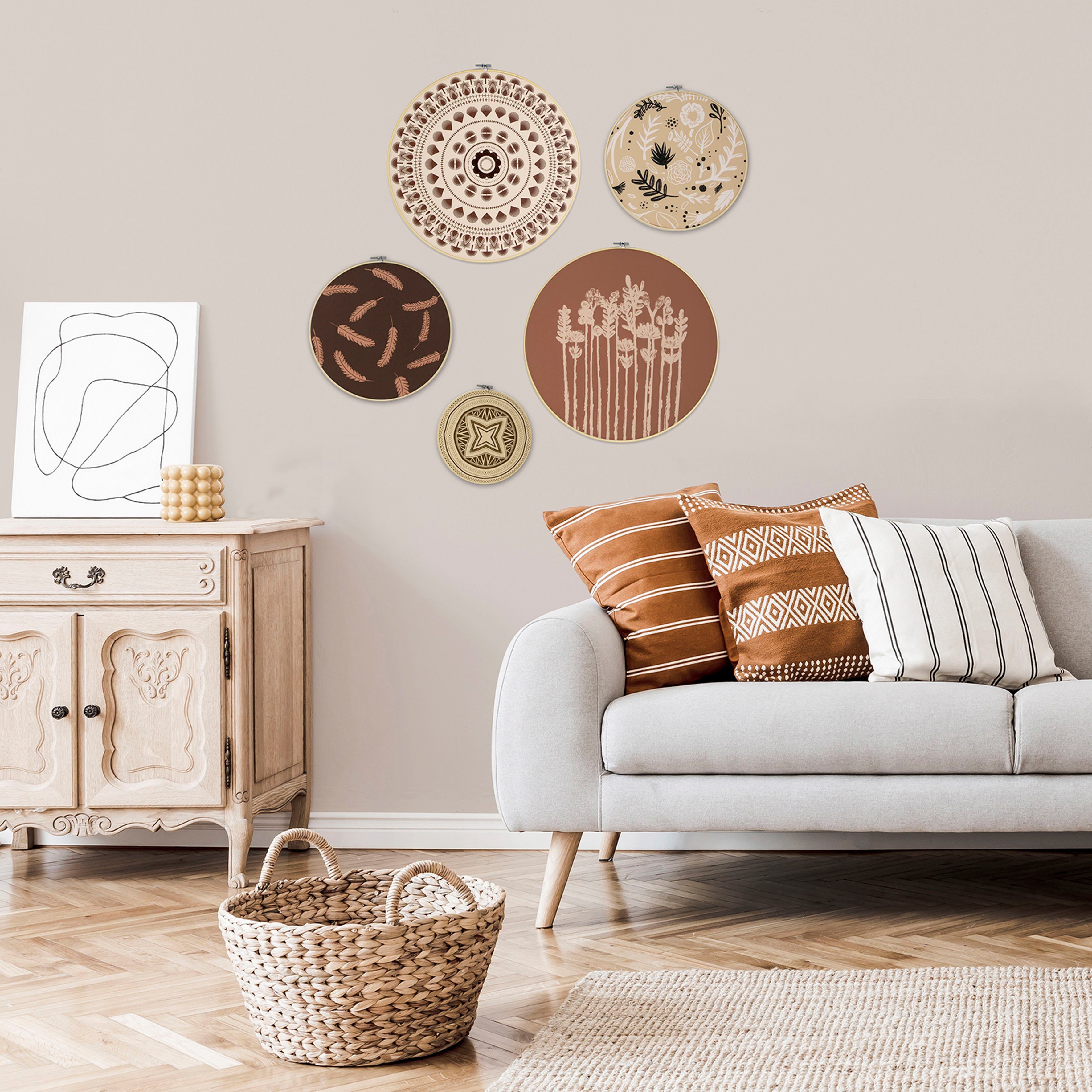 Art for the home Mehrteilige Bilder Art for the Home Ibiza Vibes Wanddeko Set of 5, Federn, Zen (Set, 5 St), Bild Ibiza-Vibes Kreise mit gestickter Dekoration Leicht Boho 40x40 cm