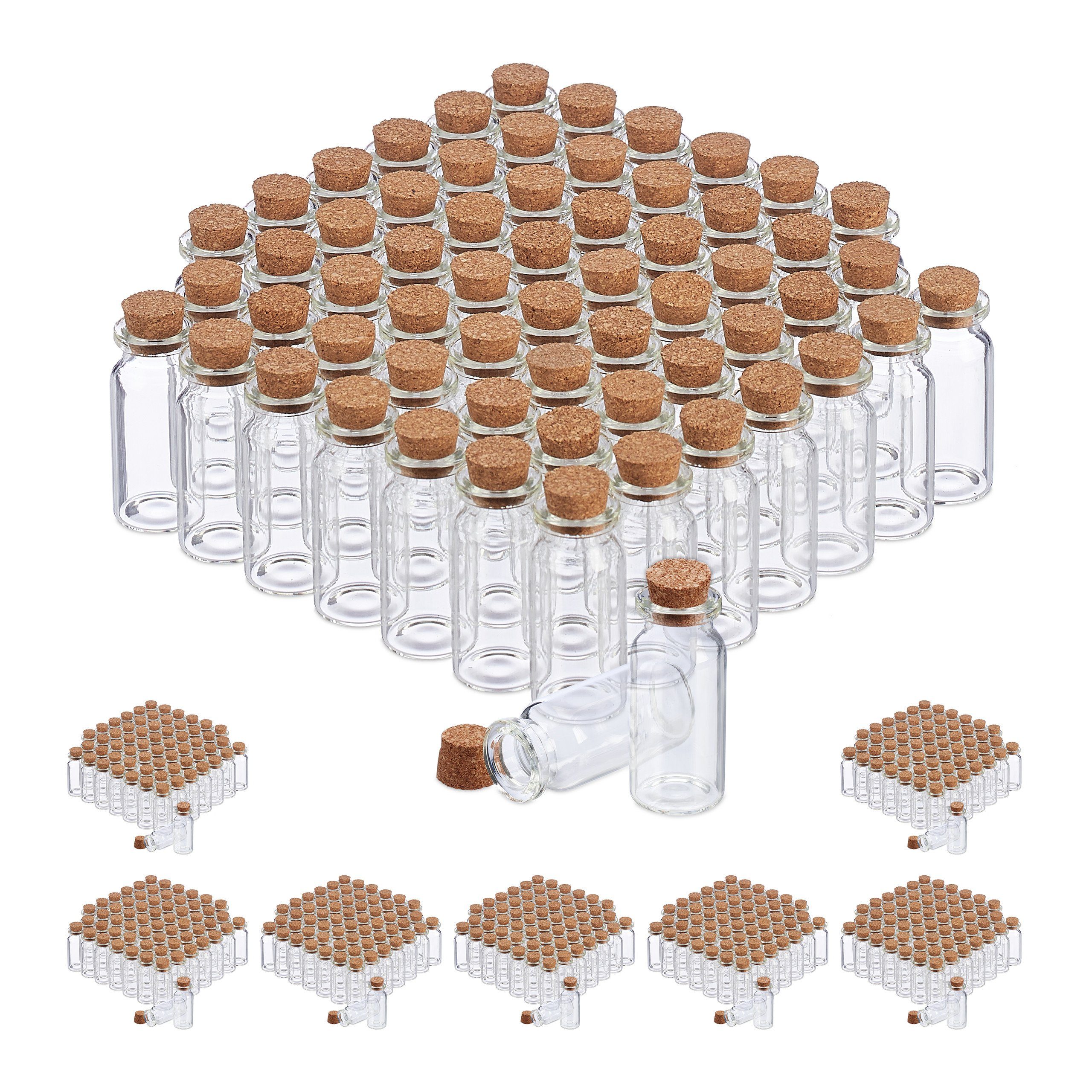 x Glasfläschchen mit 480 Mini Korken Deko-Glas relaxdays