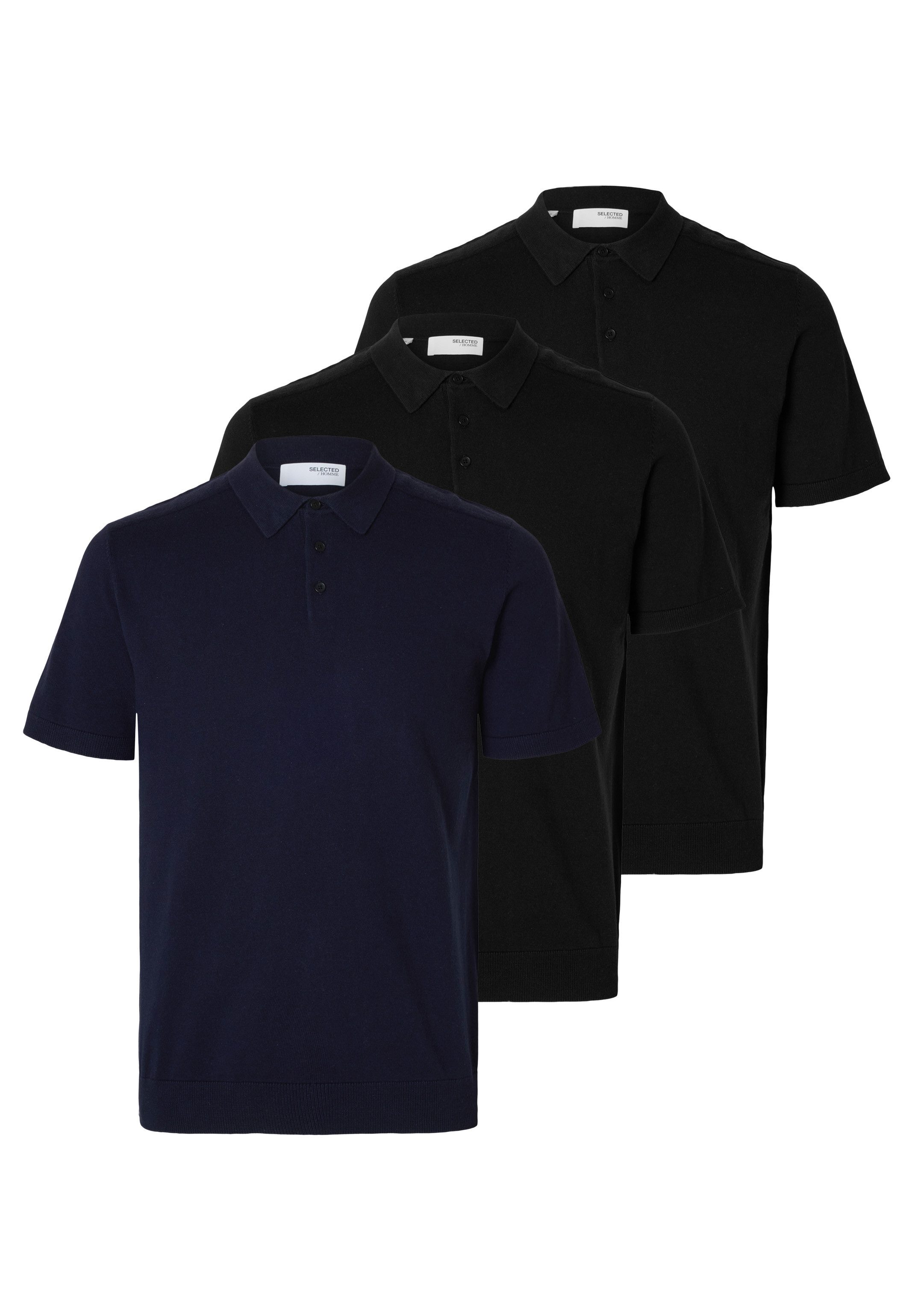 Selected Poloshirt 3er Pack Berg Poloshirt - Baumwolle - Atmungsaktiv - Mit Polokragen und Knopfleiste
