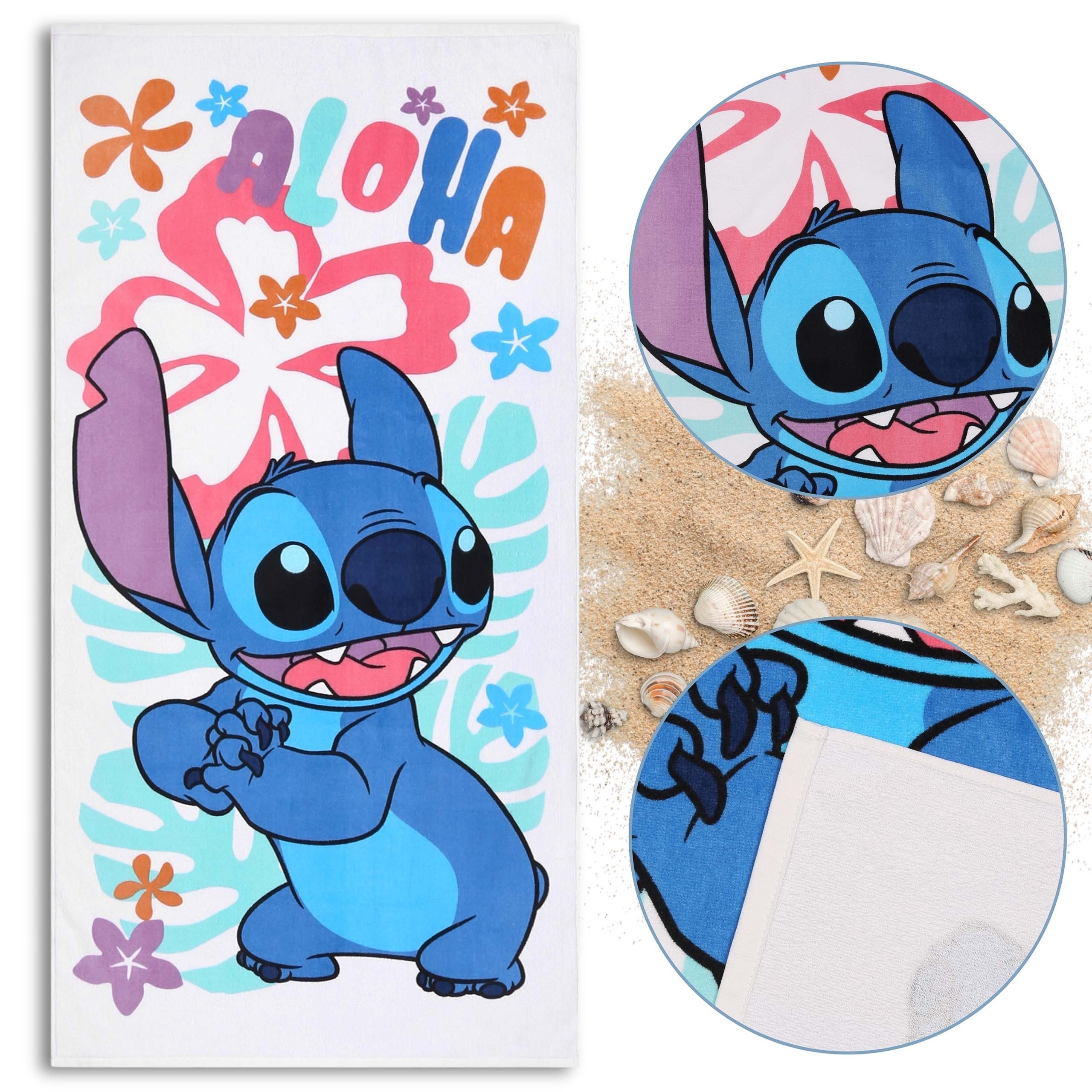 Disney Badetücher DISNEY Stitch ALOHA Weißes Strand- und Badetuch für Kinder, 70x140 cm