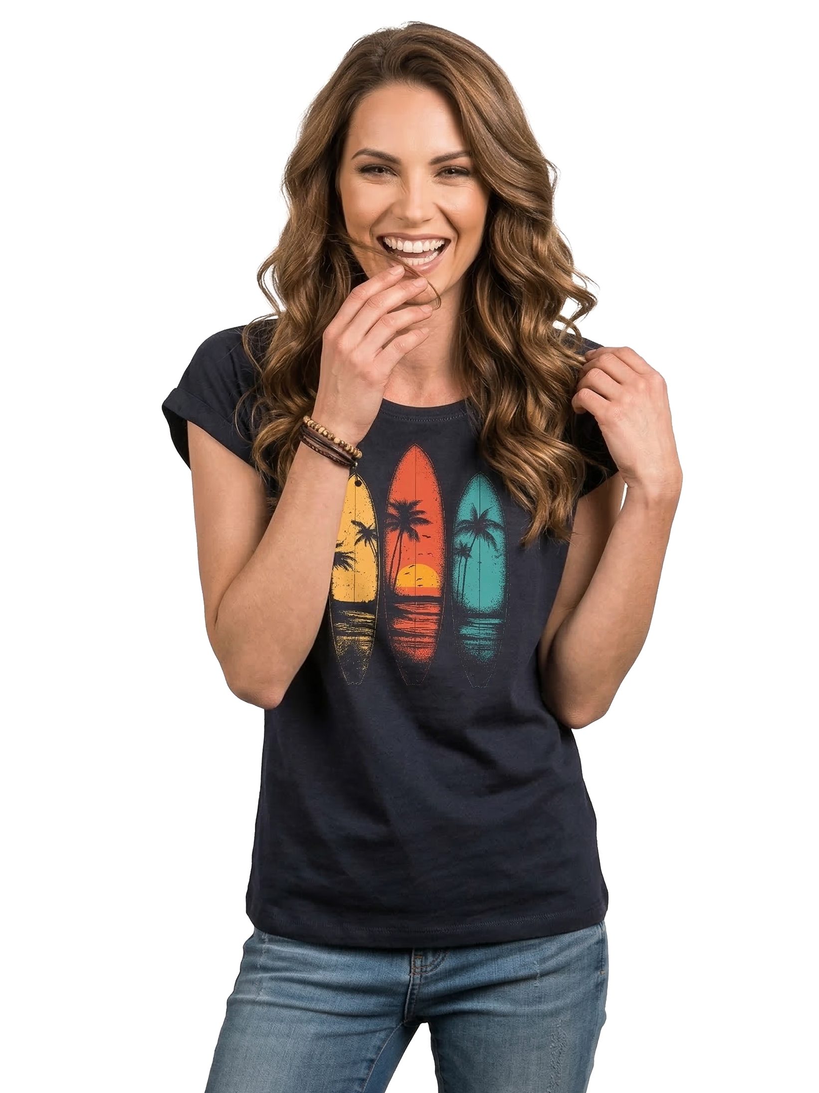 MAKAYA T-Shirt Vintage Damen T-Shirt mit Surfbrett-Print, Retro Surf-Motiv (Schwarz, Blau, Dunkelgrau, 34, 36, 38, 40, 42, 44, 46, 48, 50) Baumwolle