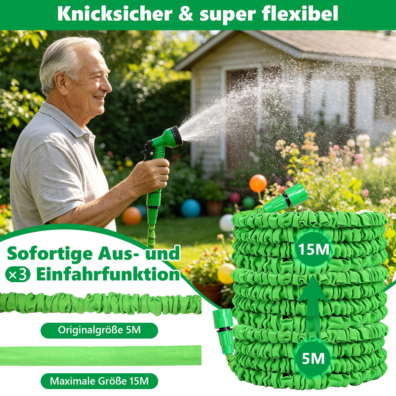 SunJas Gartenschlauch flexibel 15M/30M Dehnbarer Wasserschlauch mit 7 Funktionen Sprühkopf, 1/2" & 3/4" Anschlüsse, Flexibler Schlauch für Garten Bewässerung &  – Bild 5 von 5