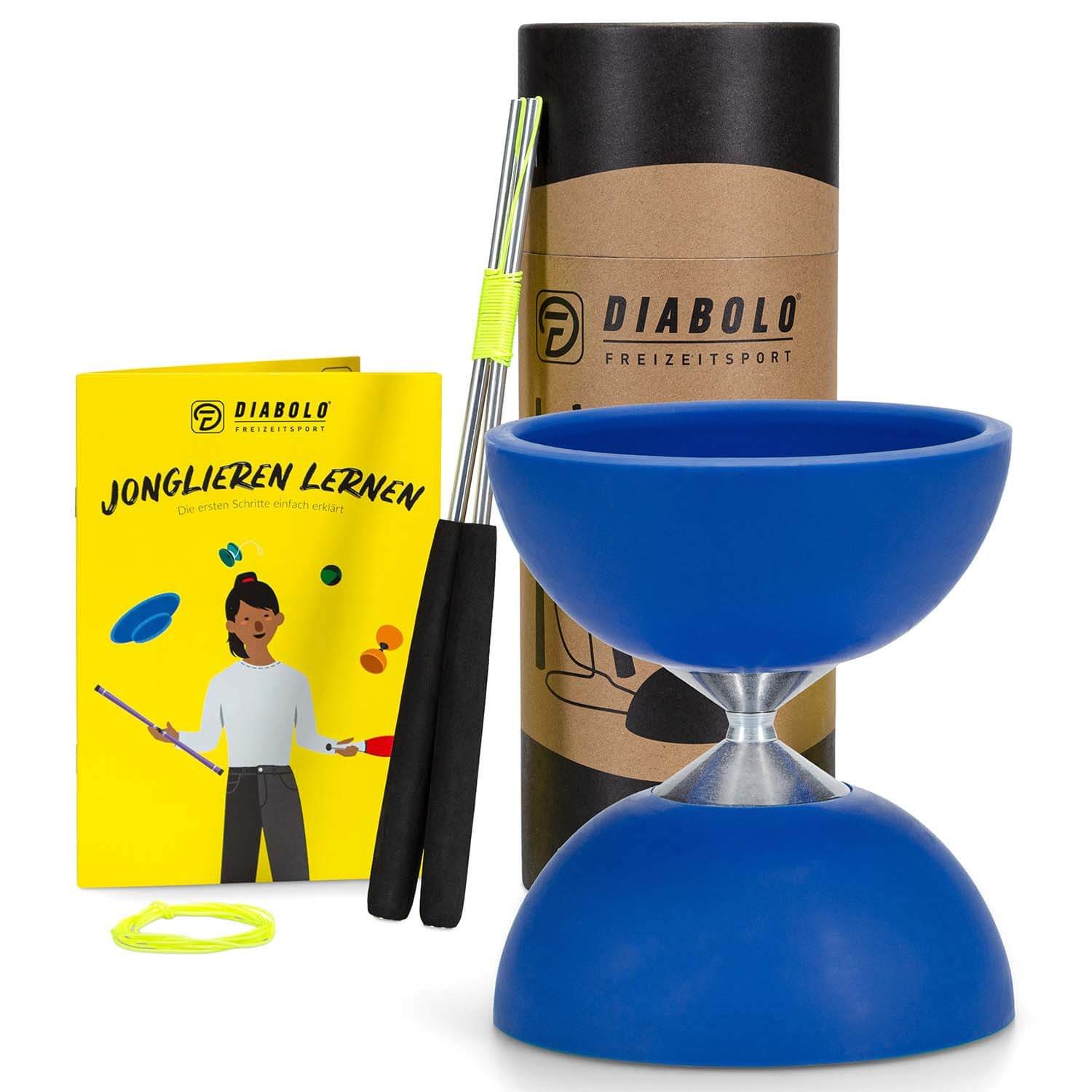 Diabolo Freizeitsport Diabolo (pink oder blau) mit Alusticks, Schnur & Anleitung, (Jonglage Komplettset mit Bällen & Diabolo Geschenkbox, 3-tlg), Jonglierbälle Set für Kinder & Anfänger 3er Premium (blau)
