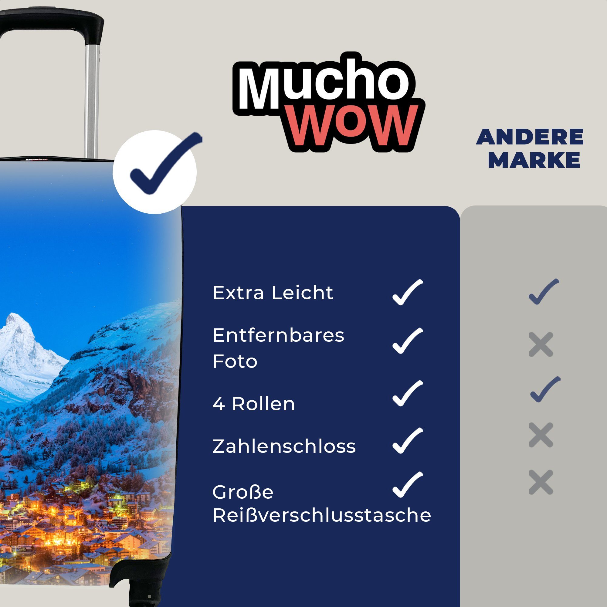 mit Reisetasche Handgepäck Bergdorf rollen, MuchoWow verschneiten Handgepäckkoffer Rollen, 4 an Berg für in Ferien, einem Trolley, Reisekoffer Schweiz, der
