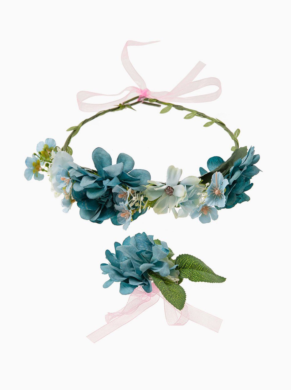 für Hochzeit Festival Mädchen Blumenarmband Set), Damen Stirnband Blumen Verstellbarer Diadem Haarkranz Blumenkranz und Blau (Blumenkranz Karneval axy als