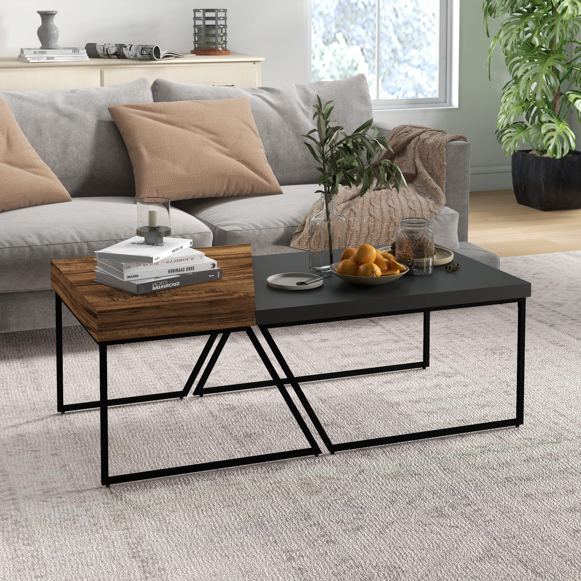 HOMCOM Couchtisch Wohnzimmertisch mit Stahlrahmen, Geometrischem günstig online kaufen