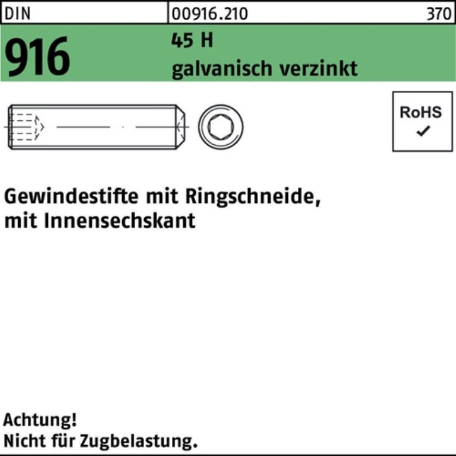 45 Reyher Gewindebolzen H Ringschn./Innen-6kt Pack DIN galv.v 916 Gewindestift 100er M16x35