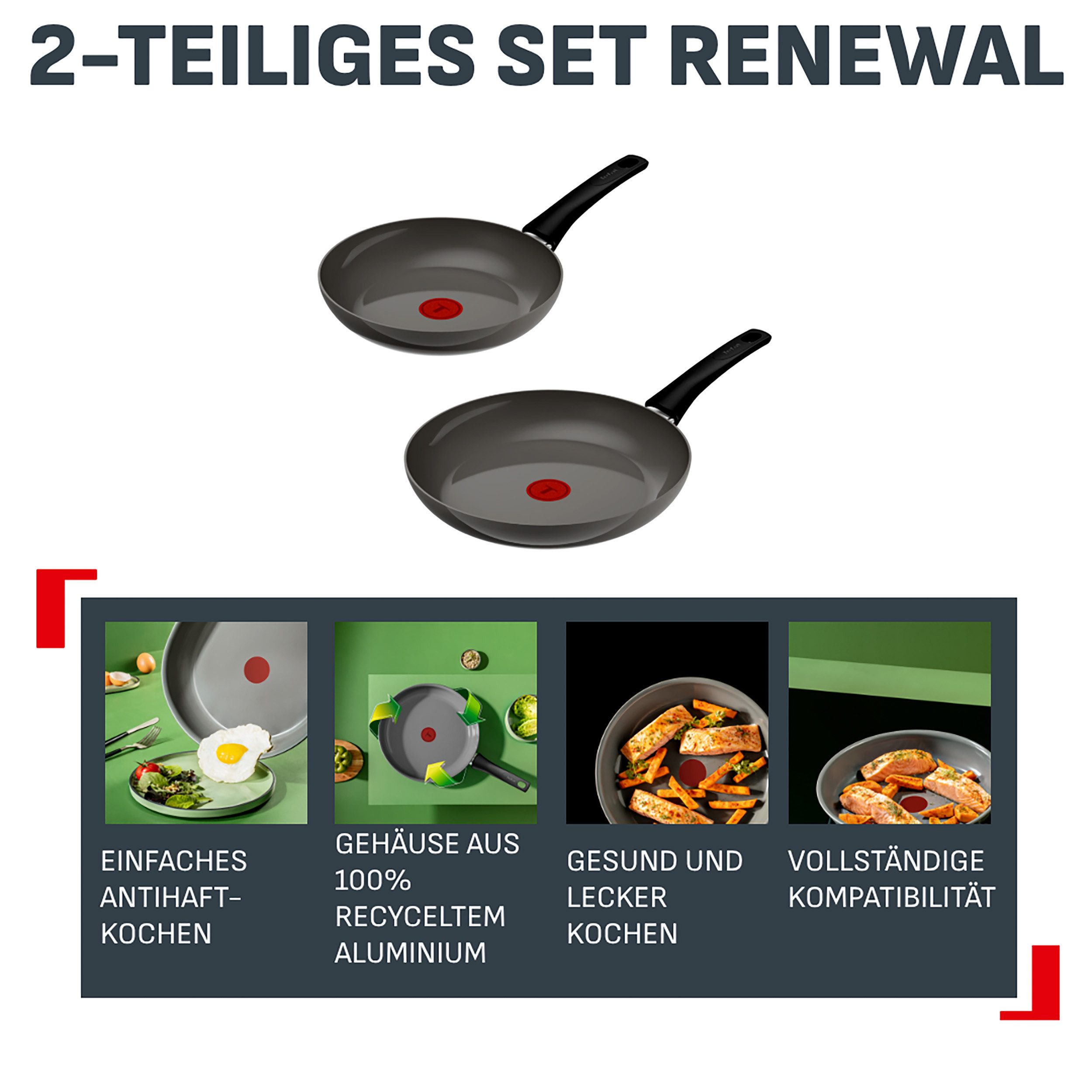 Tefal Pfannen-Set Renewal, Aluminium (Set, 2-tlg), Keramikbeschichtung, 100% recycelter Aluminiumkörper, Thermo-Signal