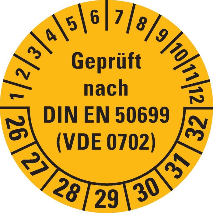 Dreifke Hinweisschild Dreifke® Prüfplakette geprüft nach DIN EN 50699(VDE 0702) 26-32 gelb Dokumentenfolie Ø 30mm 108/Heft
