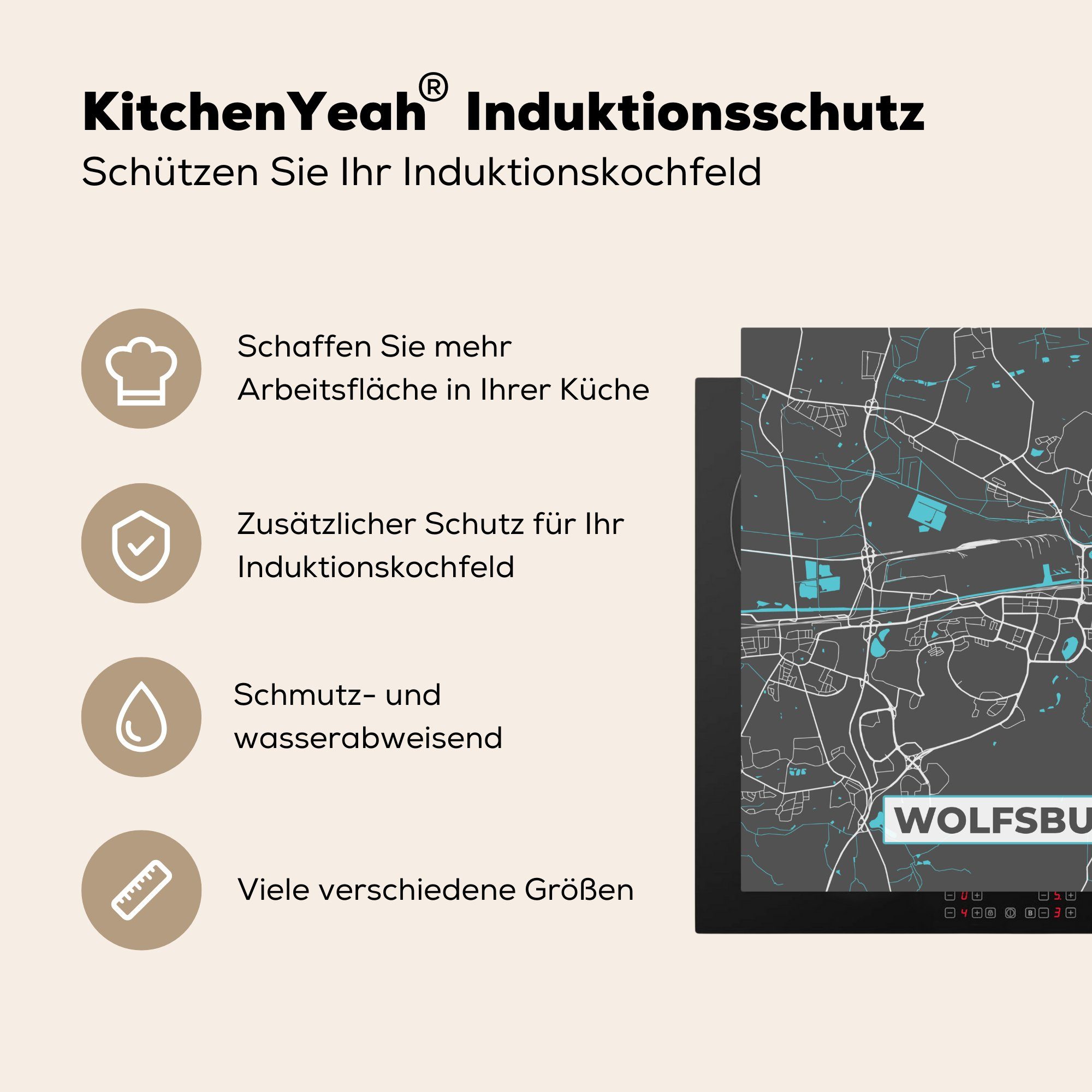 MuchoWow Herdblende-/Abdeckplatte Blau Karte cm, - tlg), (1 für Deutschland 78x78 Stadtplan - küche Arbeitsplatte Wolfsburg, Ceranfeldabdeckung, - - Vinyl