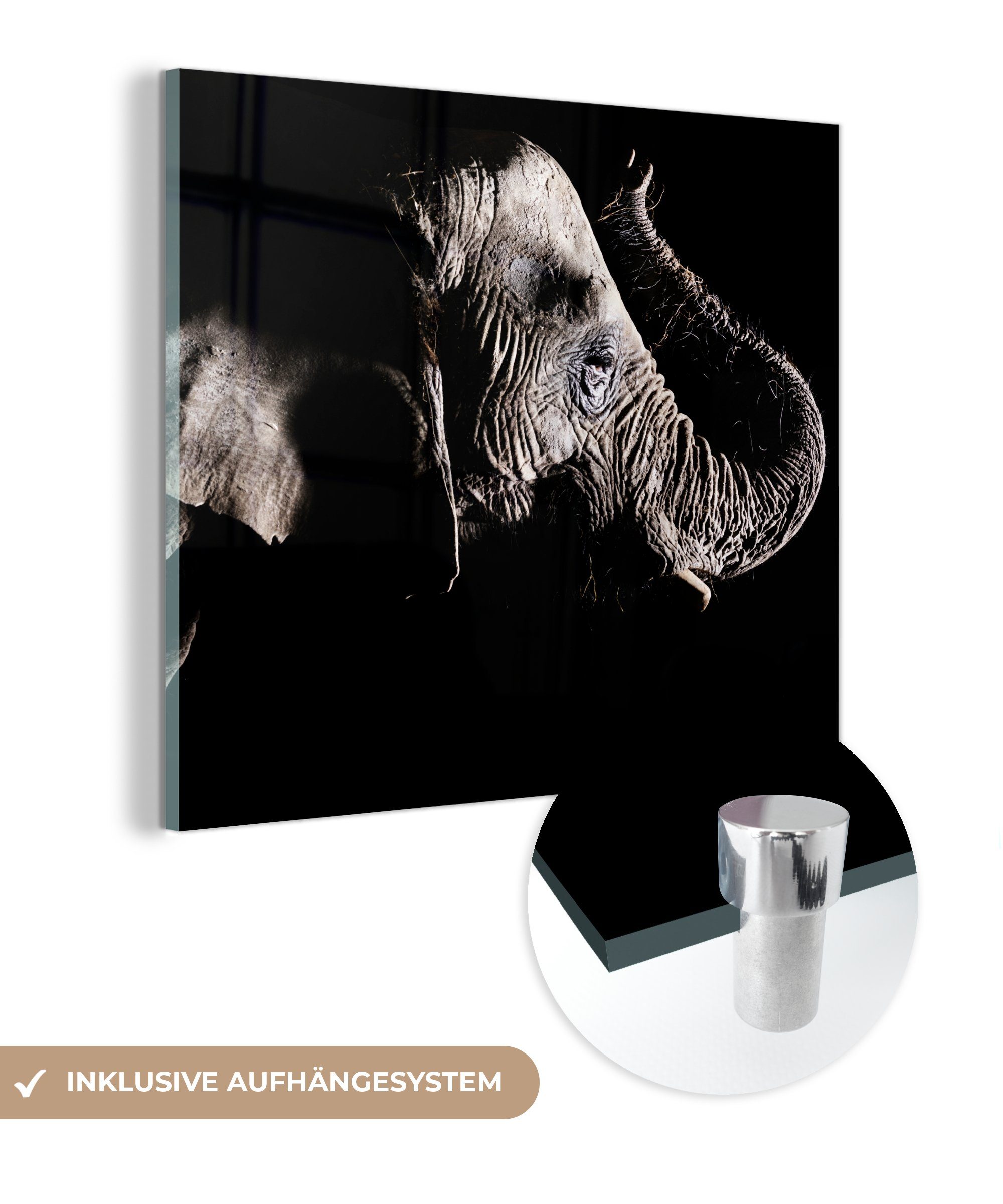 - Natur, - auf Glasbilder auf Foto - - Wandbild Tiere MuchoWow Schwarz - Glas Acrylglasbild Elefant Bilder St), Glas (1 Wanddekoration -