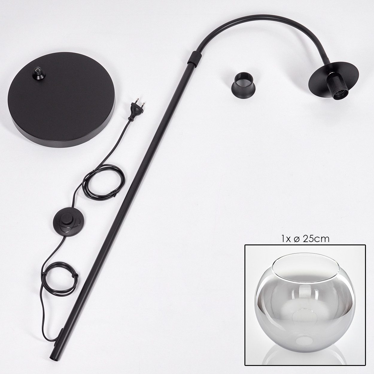 hofstein Bogenlampe Stehlampe aus Metall/Glas in Schwarz/Chrom/Rauch/Klar, ohne Leuchtmittel, Industrial-Design Leuchte m. Glasschirm (25cm) u. Fußschalter, 1xE – Bild 5 von 5