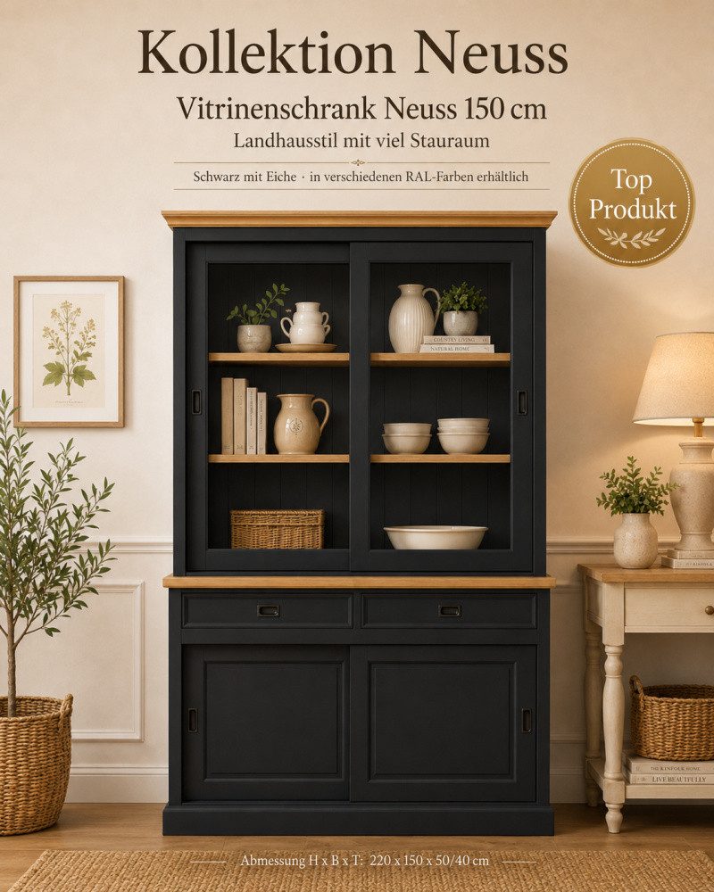 Wohnpalast Vitrine Vitrinen Schrank Neuss 150 cm schwarz/eiche - Buffet Schrank mit Schie