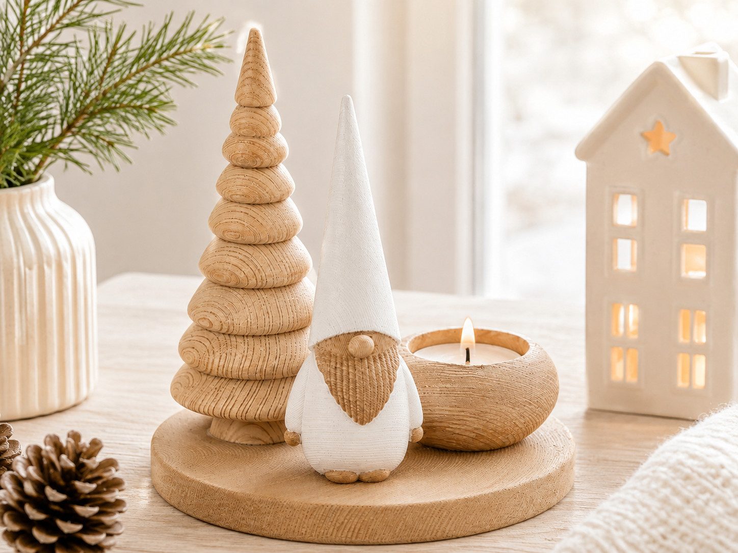 MF Weihnachtsfigur Weihnachts Teelichthalter Wichtelwald in Naturell und Weiß