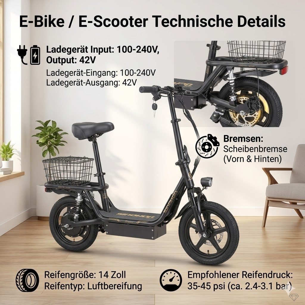 kowdom E-Bike S-Pedelec E-Bike 36V 500W 14 Zoll 32km/h 60km Reichweite Discbremse, Heckmotor, 468 Wh, (Einzelartikel, Einzelartikel), Fronttasche, Heckblinker, Schlüsselschalter am Akku