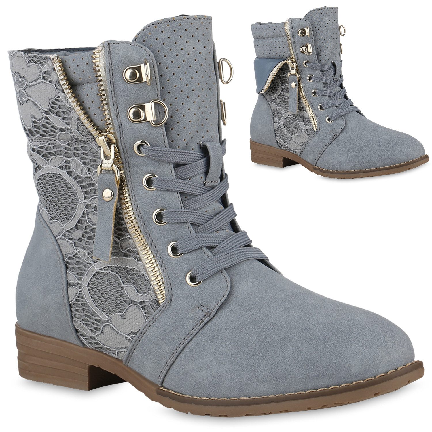 VAN HILL 136541820 Schnürstiefelette Damen Schnürstiefeletten Spitze Stiefeletten Zipper Worker Boot