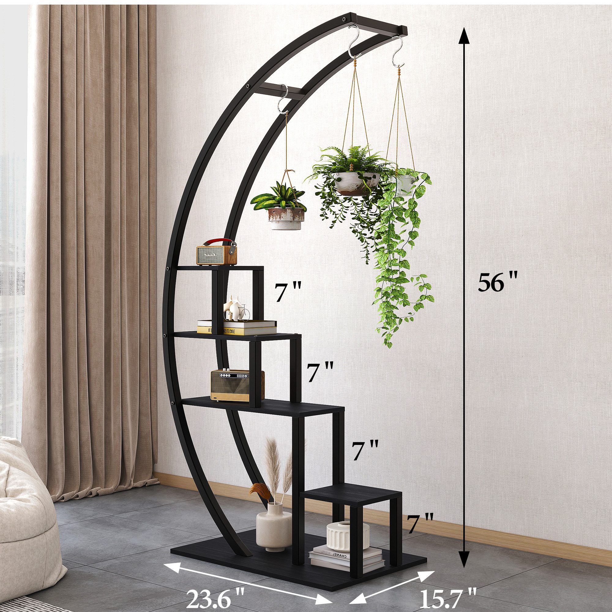 GarveeMore Blumenständer mit 4 haken,5-stufiges hohes Pflanzenständer,142 cm, 2-teiliges Set halbmondförmiges Pflanzenregal für Wohnzimmer